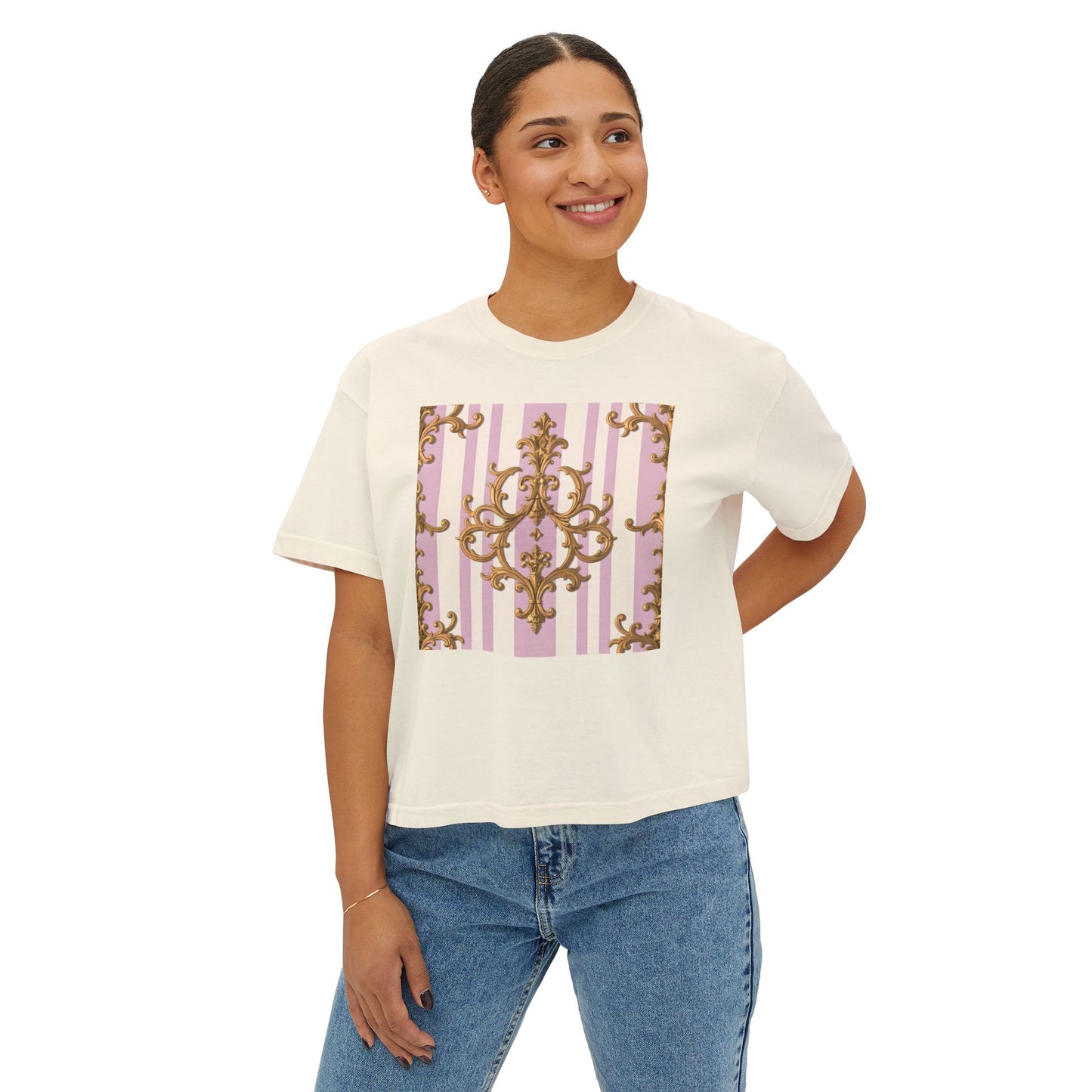 Chic Baroque Women's Boxy Tee, Stylish Cropped T-Shirt, Casual Top, Summer Boxy Tee, Baroque Print Shirt - Lilac & Alabaster Striped Gold Baroque