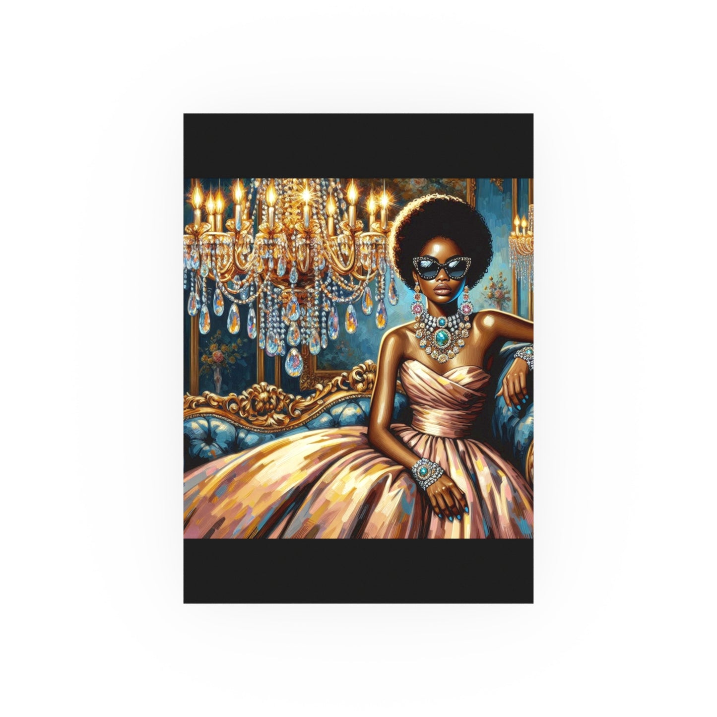 Elegant Glamour Satin Poster, Wall Art Decor, Modern Home Gallery, Gift for Art Lovers, Chic Interior Decoration - Elegant Lady & Chandelier