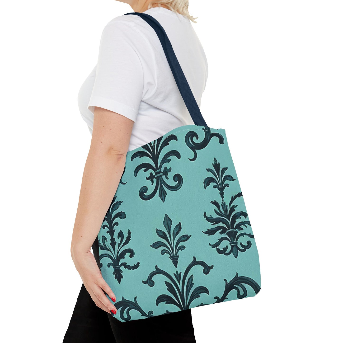 Chic Floral Tote Bag – Stylish Canvas Shopper, Gift for Her, Birthday Present, Everyday Use, Eco-Friendly, Floral Print - Teal Striped Rococo