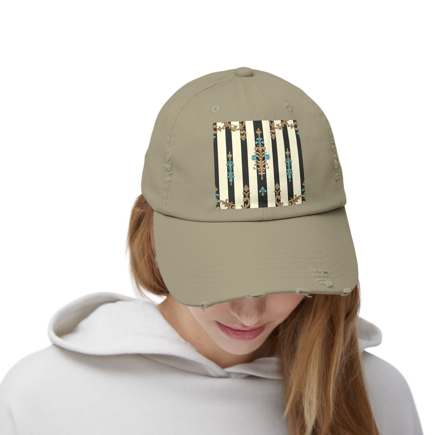 Trendy Distressed Cap for Fashion Lovers, Casual Cap, Gift for Him, Gift for Her - Black Striped Turquoise & Black Rococo