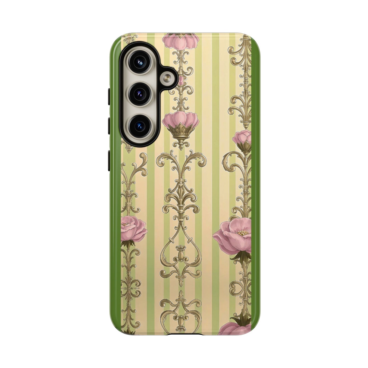 Elegant Floral Motif Phone Case - Tough Cases with Vintage Design - Lime Green & Pink Striped Damask