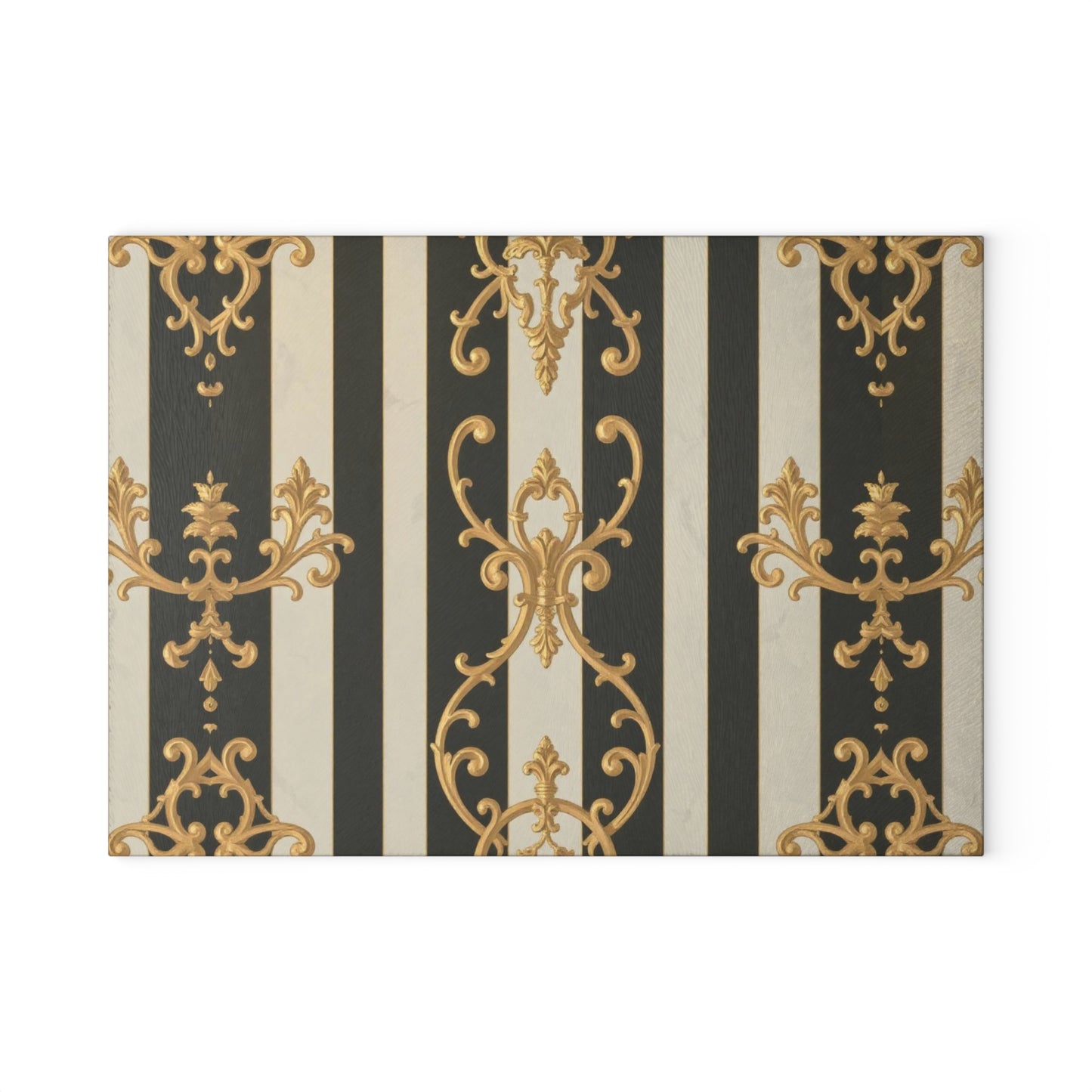 Elegant Black and Alabaster Striped Baroque Glass Cutting Board with Gold and Black Design, Kitchen Decor, Gift for Chefs, Wedding Present