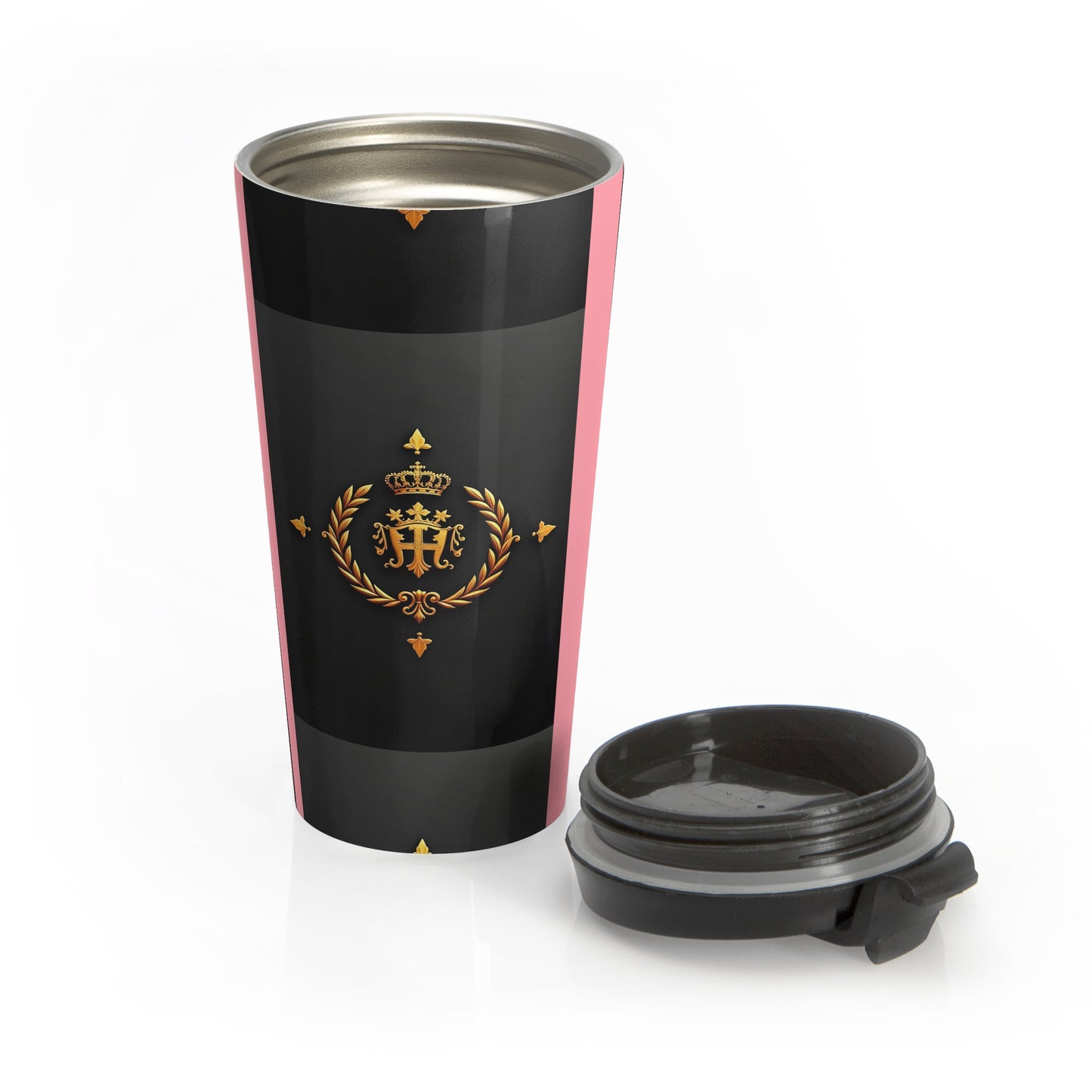 Royal Emblem Stainless Steel Travel Mug | Elegant Coffee Cup for Commuters, Durable Travel Accessory, Perfect Gift for Her - Pink Striped Gold Crest