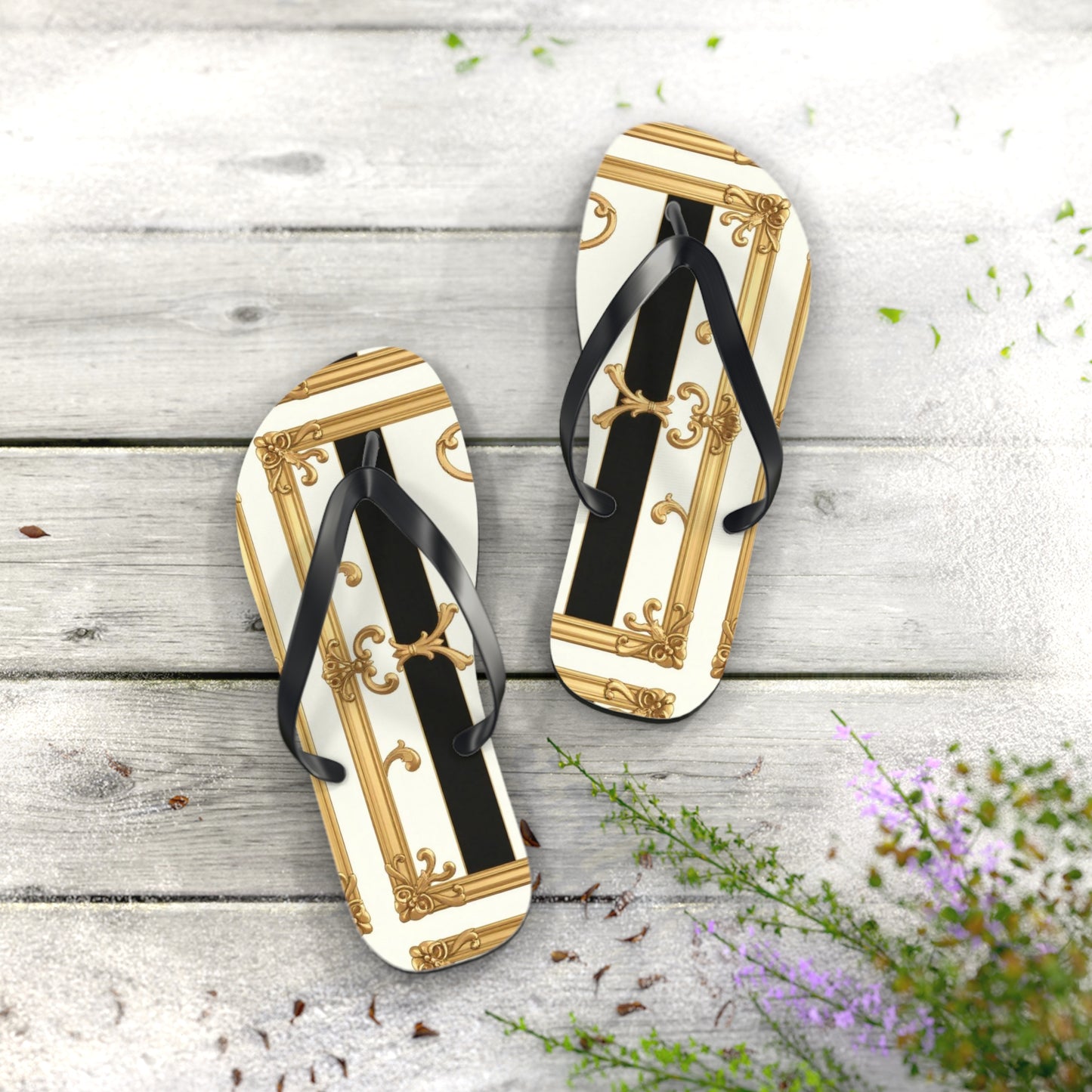 Chic Flip Flops with Elegant Design, Summer Sandals, Perfect Beach Footwear, Vacation Footwear - Black & White Striped Gold Baroque