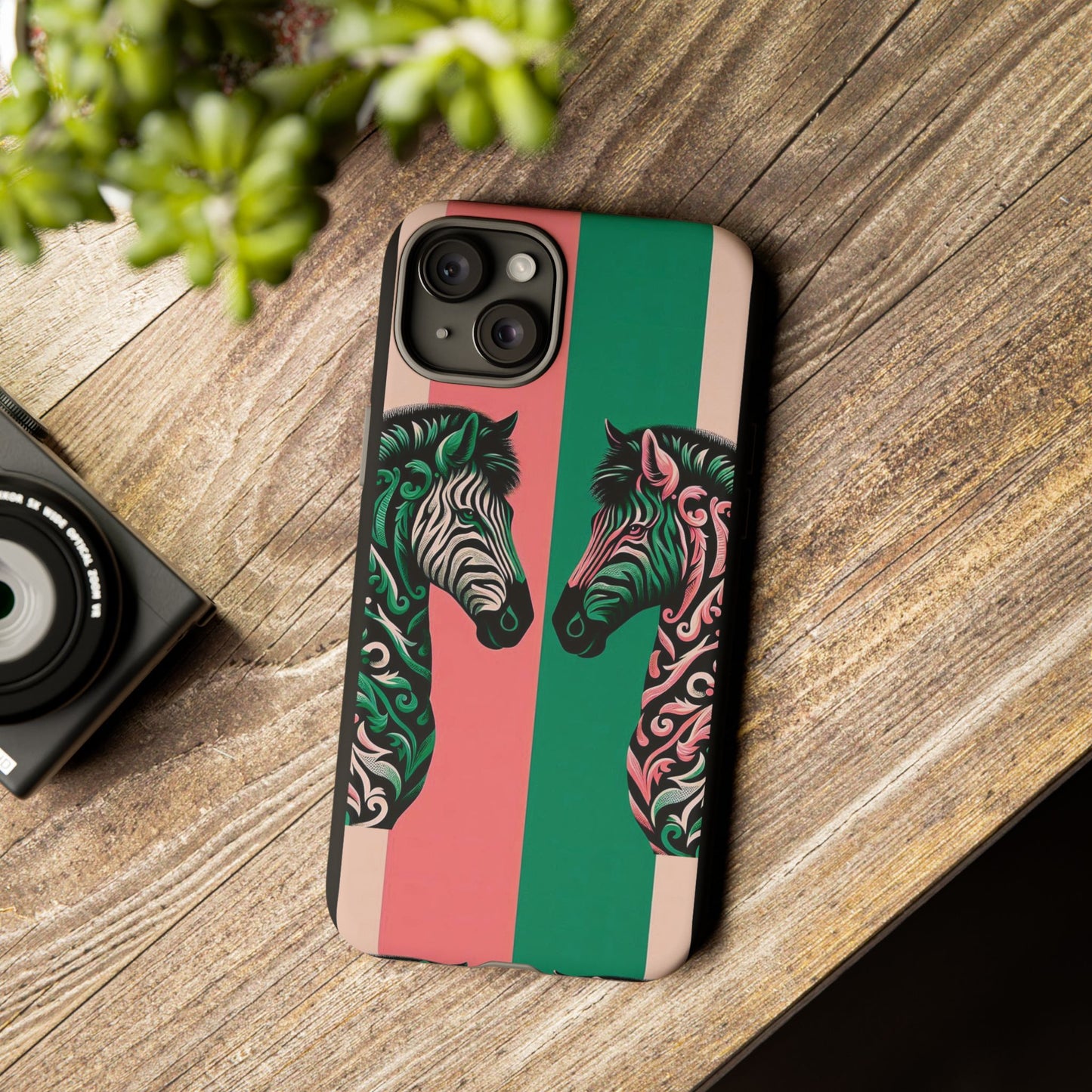 Phone Case - Elegant Pink & Green Zebra Damask Design