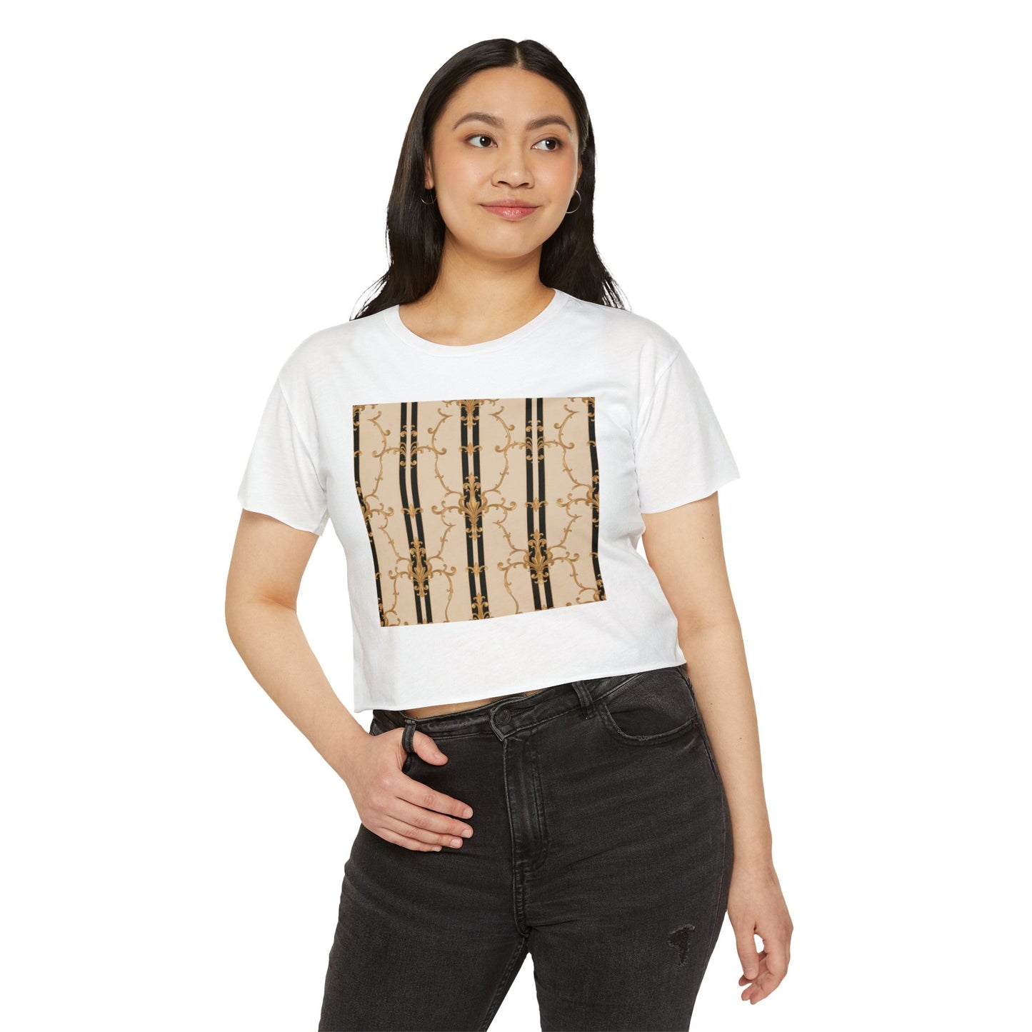 Festival Crop Top, Stylish Summer Tee, Trendy Women's Shirt, Festival Wear, Perfect for Music Events - Black & Beige Striped Damask