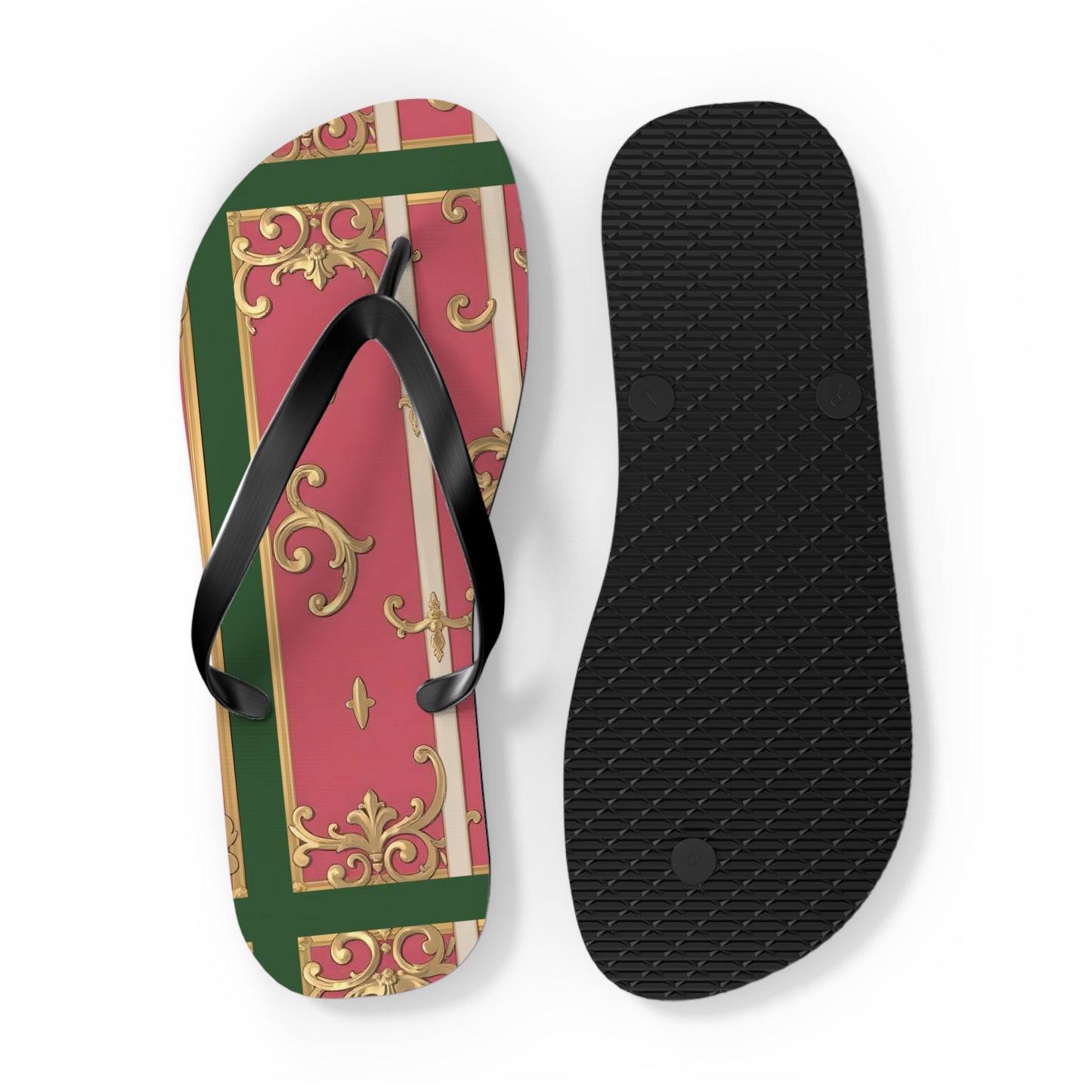 Elegant Green Border Pink Striped Baroque Flip Flops, Summer Footwear, Vacation Sandals, Beach Accessories, Stylish Thong Slippers