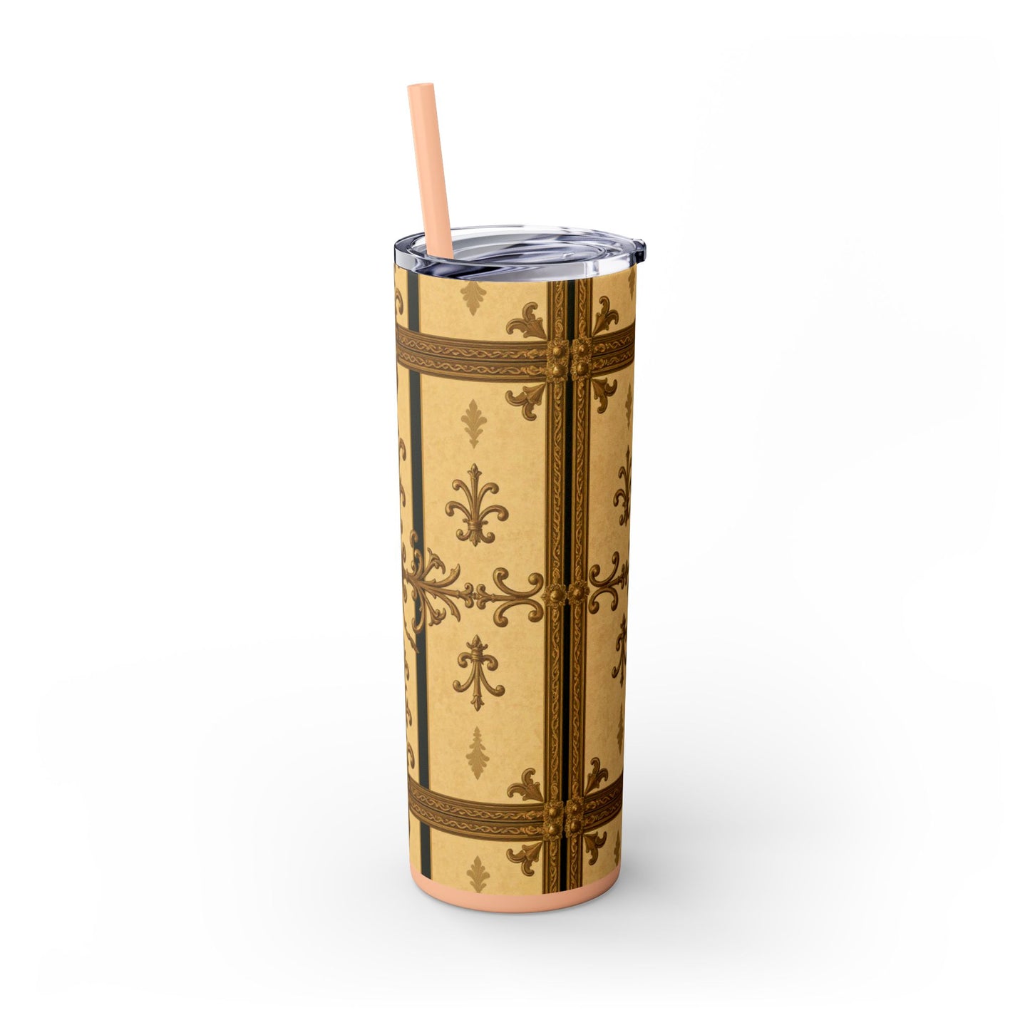 Elegant Vintage Skinny Tumbler, 20oz Insulated Drink Cup, Perfect for Home, Office, Gifts, Holidays, Travel - Matte Yellow Striped Antique Rococo