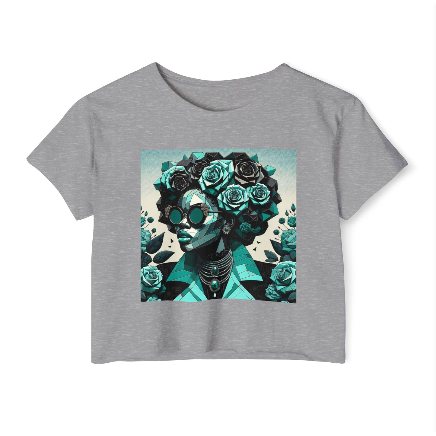 Women's Festival Crop Top with Artistic Floral Design, Boho Clothing, Trendy Summer Style, Perfect for Music Festivals - Turquoise & Black Roses Lady