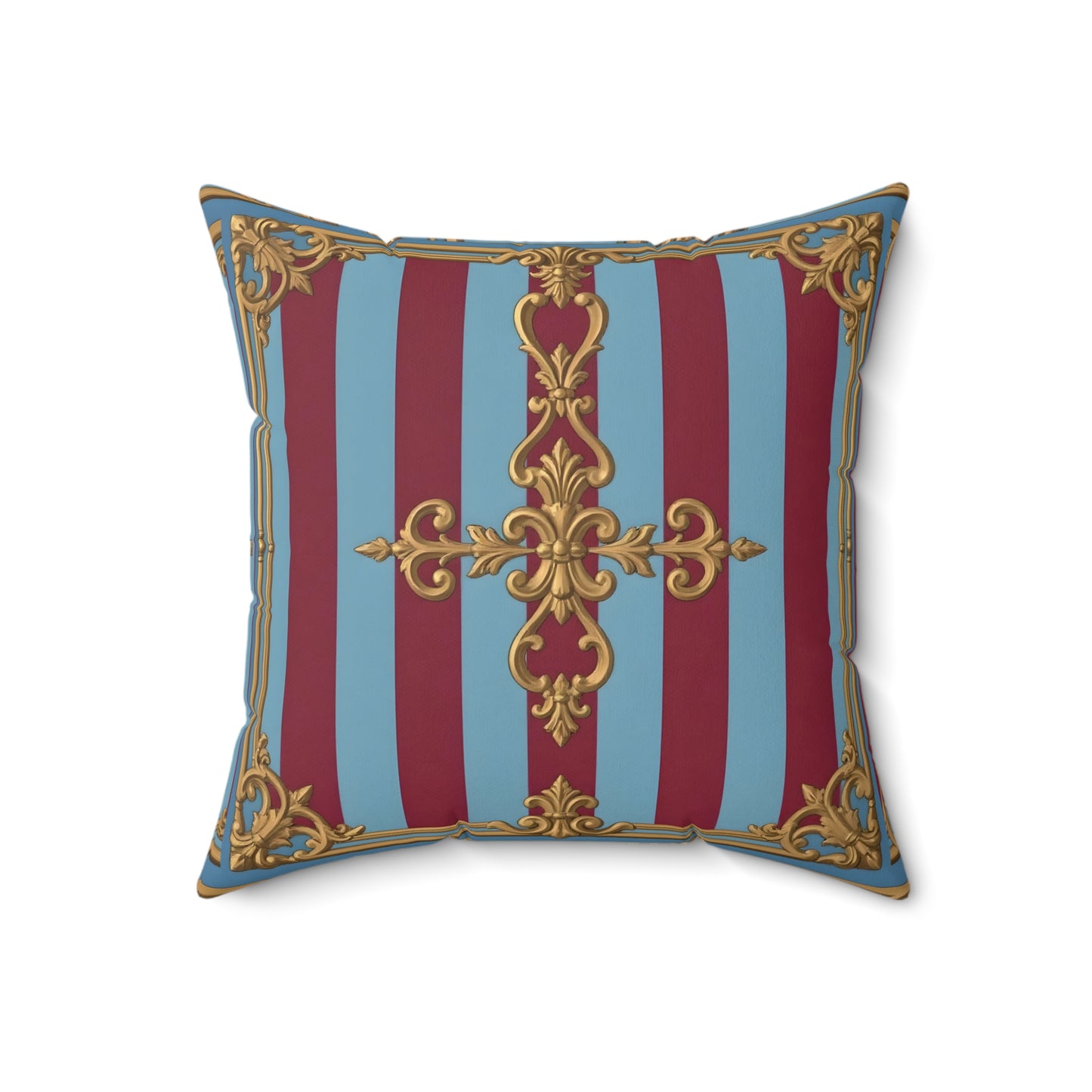 Elegant Faux Suede Accent Pillow, Chic Home Decor, Decorative Cushion, Luxurious Throw Pillow - Sky Blue & Maroon Striped Baroque