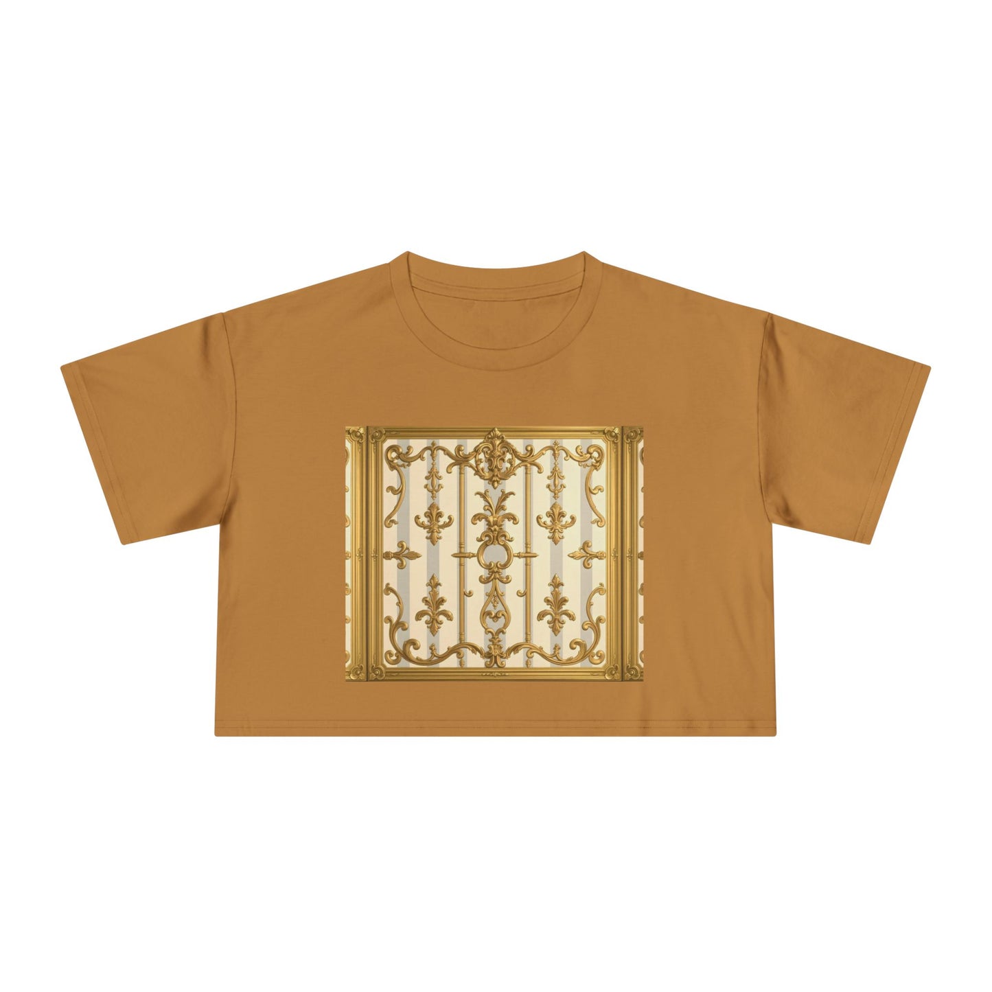 Elegant Vintage Women's Crop Tee, Stylish Oversized Top, Casual Summer Shirt, Trendy Women's Apparel - Matte Gray & Cream Striped Gold Baroque