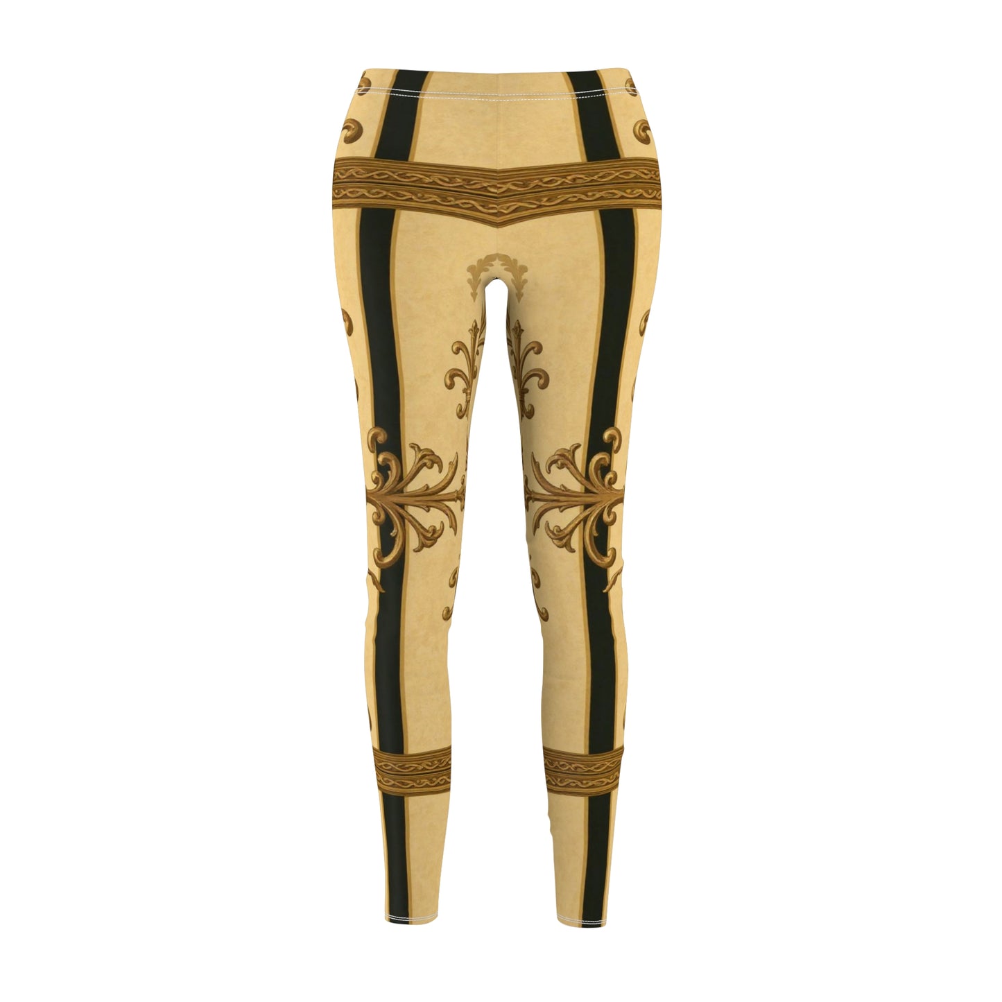 Elegant Gold Baroque Print Women's Leggings, Chic Activewear, Stylish Loungewear, Unique Workout Pants - Matte Yellow Striped Antique Rococo