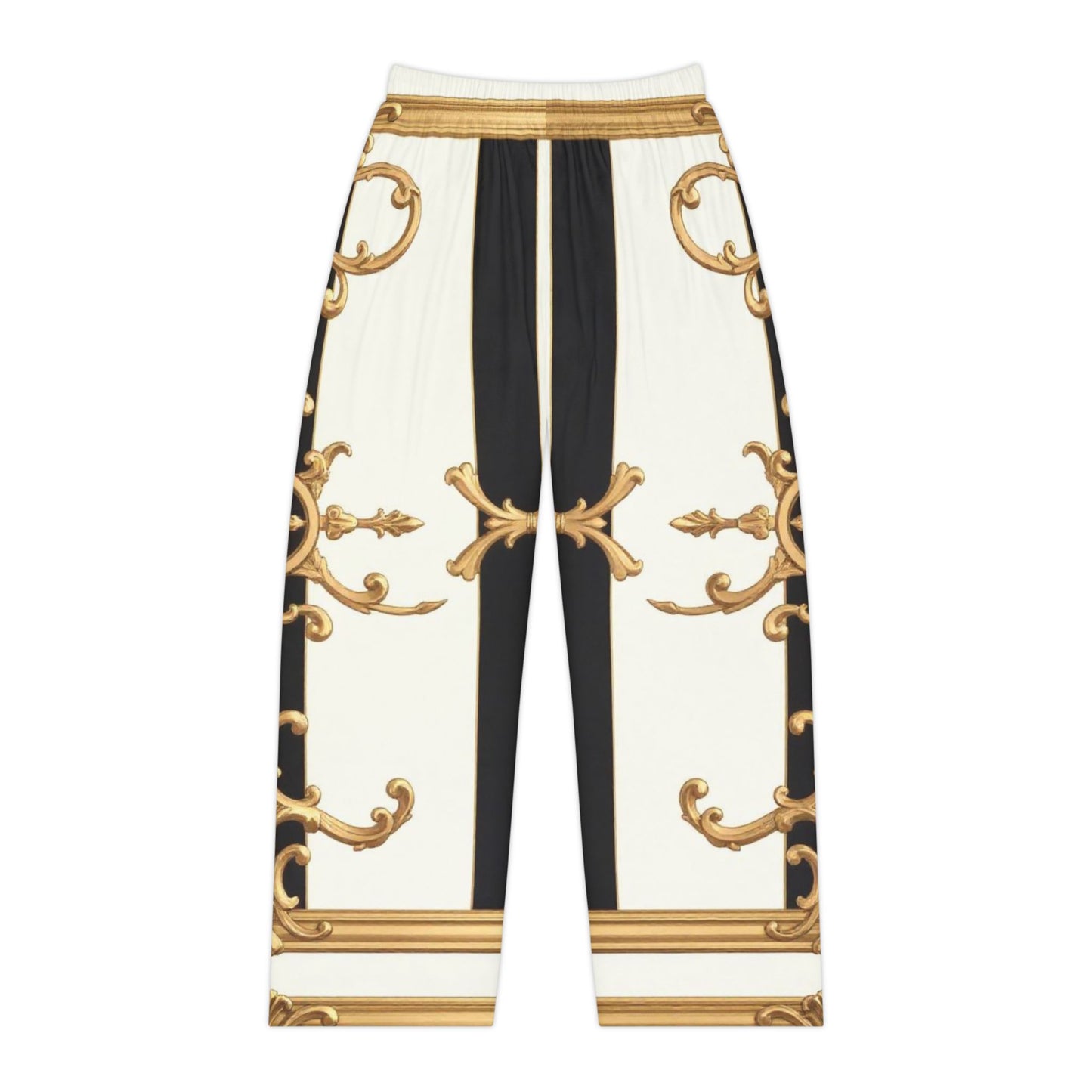 Luxurious Gold Accented Women's Pajama Pants, Stylish Loungewear, Sleepwear, Relaxation, Gift for Her - Black & White Striped Gold Baroque