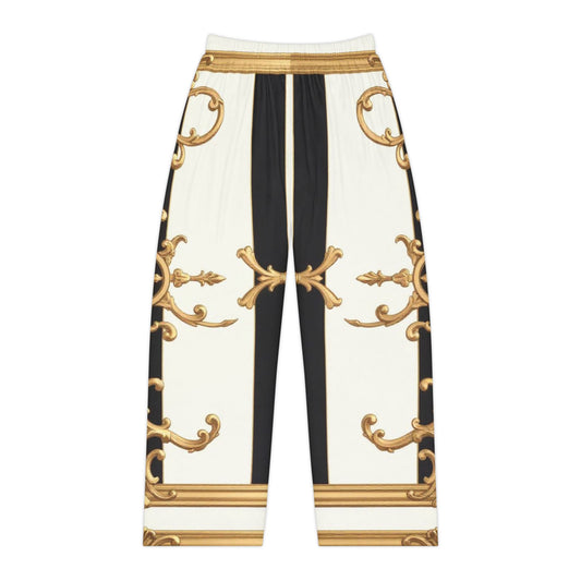 Luxurious Gold Accented Women's Pajama Pants, Stylish Loungewear, Sleepwear, Relaxation, Gift for Her - Black & White Striped Gold Baroque