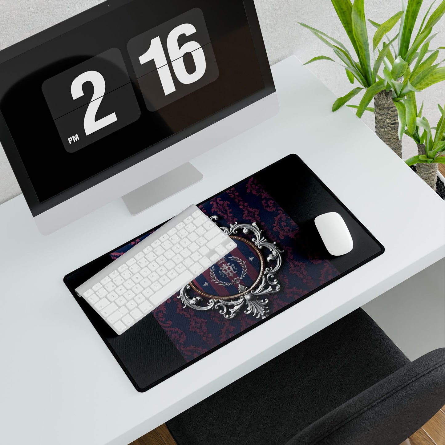Elegant Desk Mats for Home Office, Stylish Desk Mats for Work, Personalized Office Decor, Chic Mouse Pads - Blue & Plum Striped Silver Crest