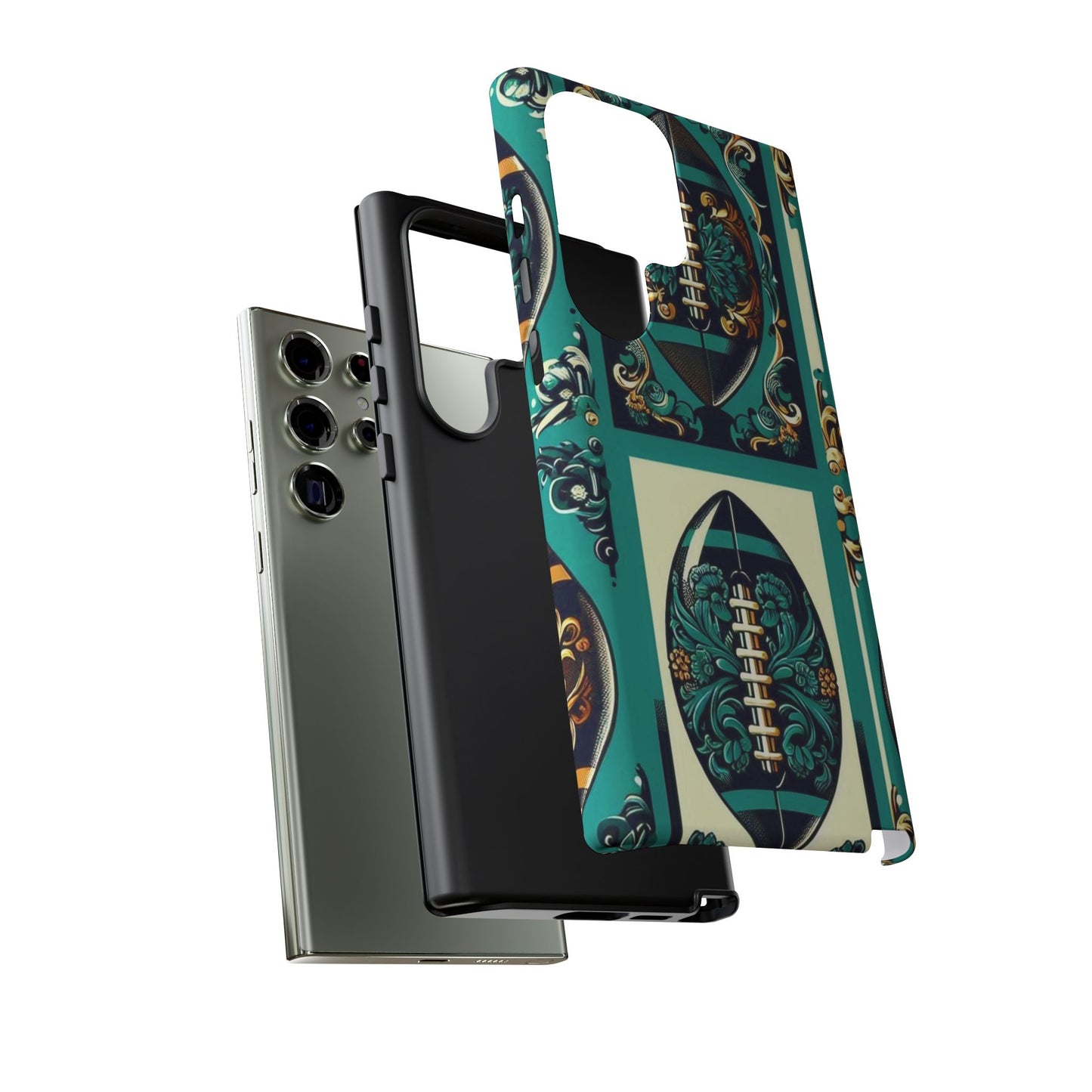 Elegant Floral Motif Phone Case - Tough Cases with Vintage Design -  Damask Teal, Gold & Black Footballs