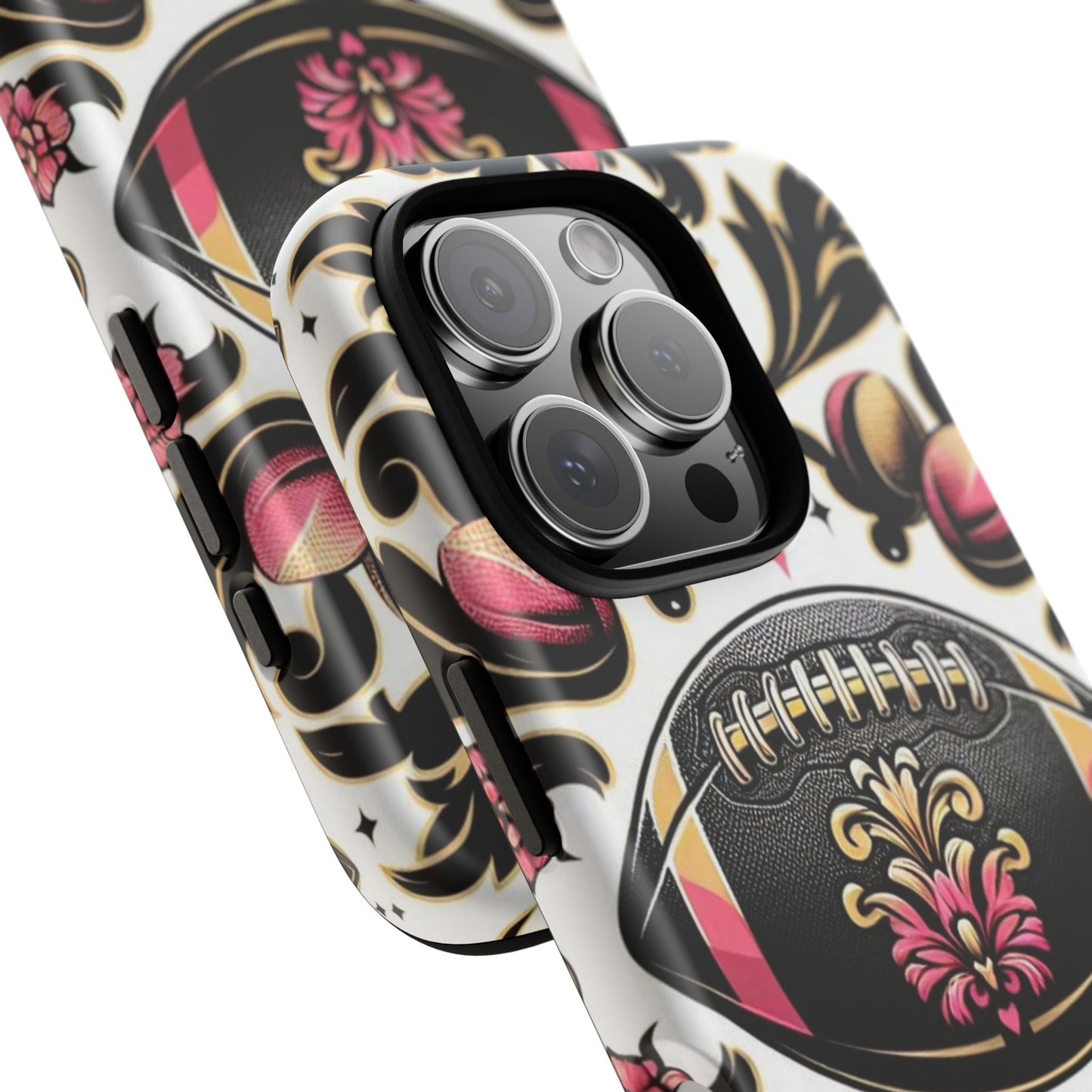 Elegant Floral Motif Phone Case - Tough Cases with Vintage Design - Damask White, Pink Gold & Black Football