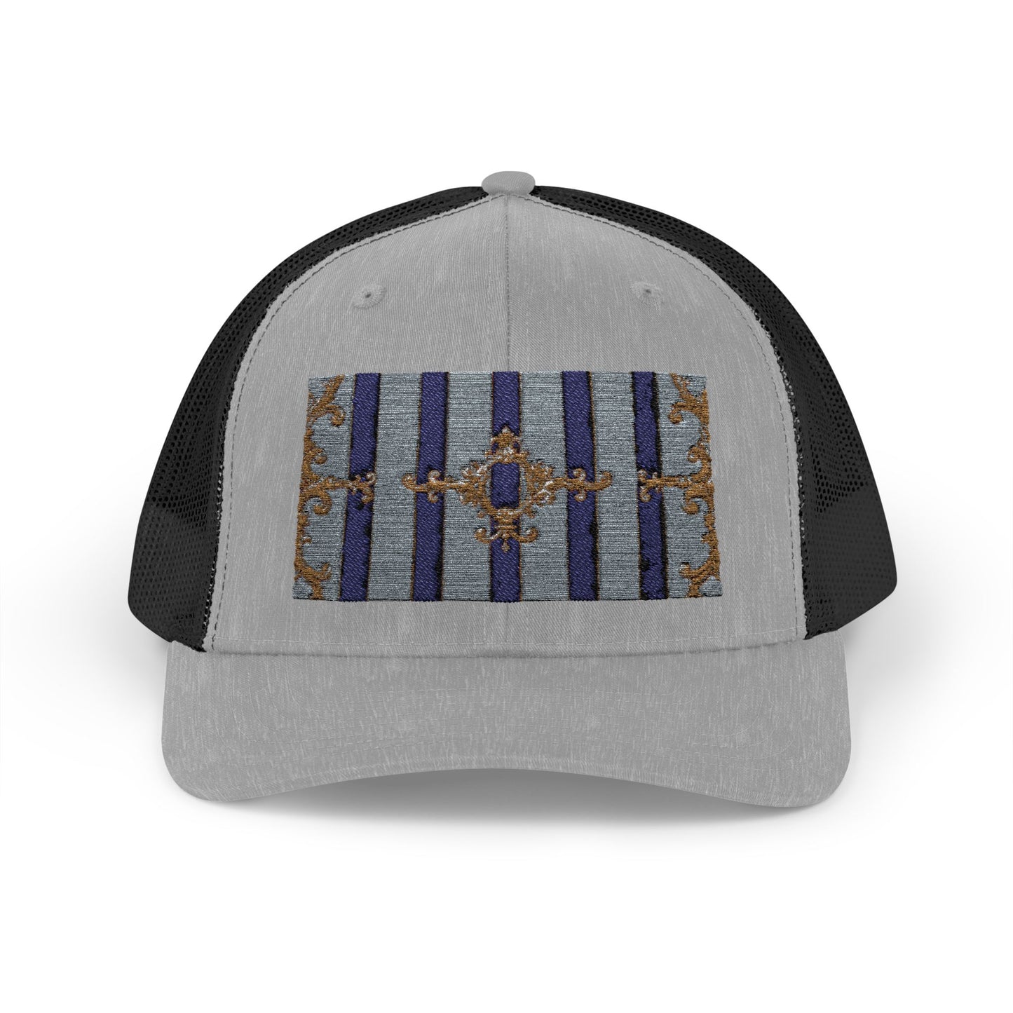 Stylish Snapback Trucker Cap with Vibrant Pattern, Trendy Hat for Outdoor Adventures, Casual Wear - Striped Gold Baroque