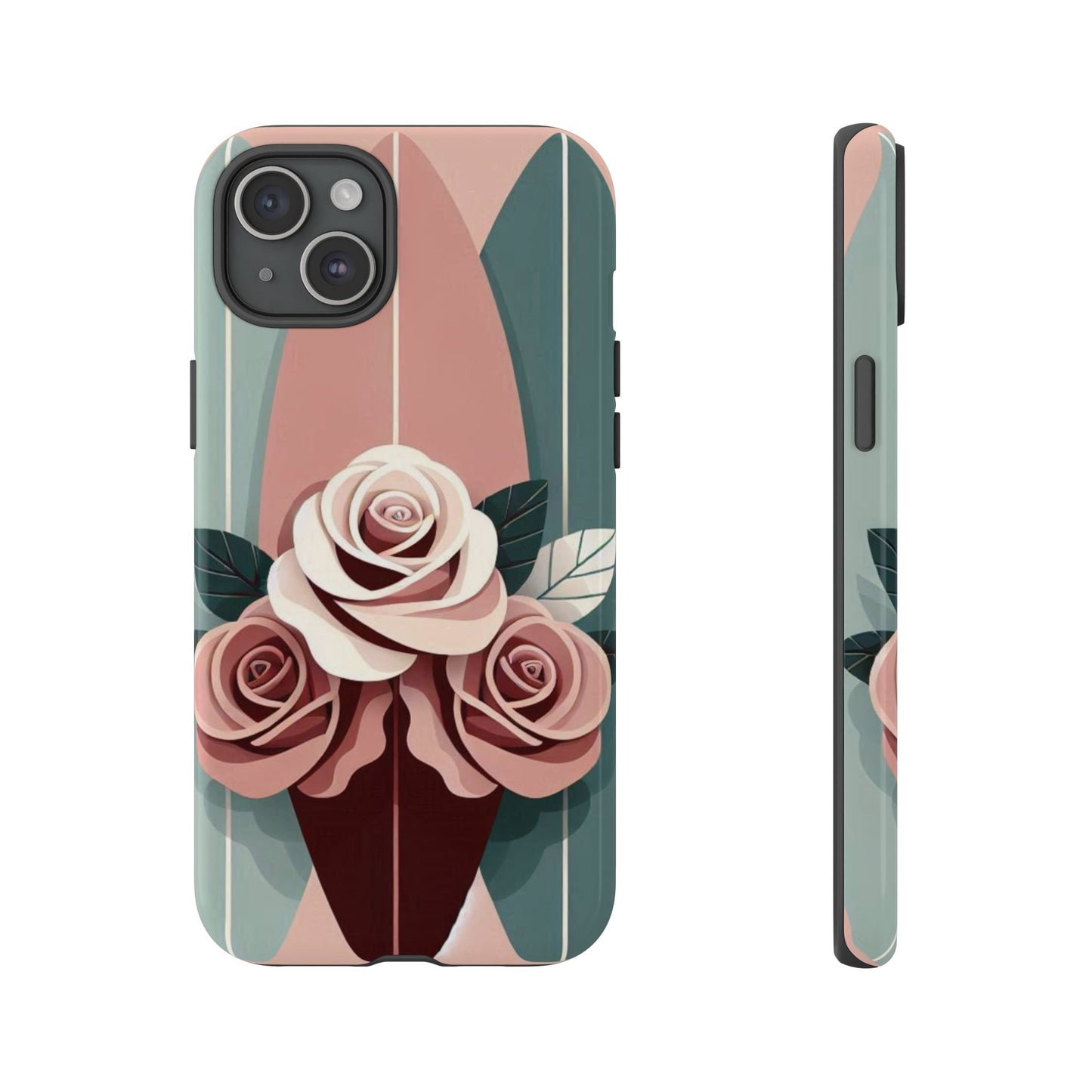 Phone Case - Burgundy, Matte Mauve & Teal Surfboard & Roses Design
