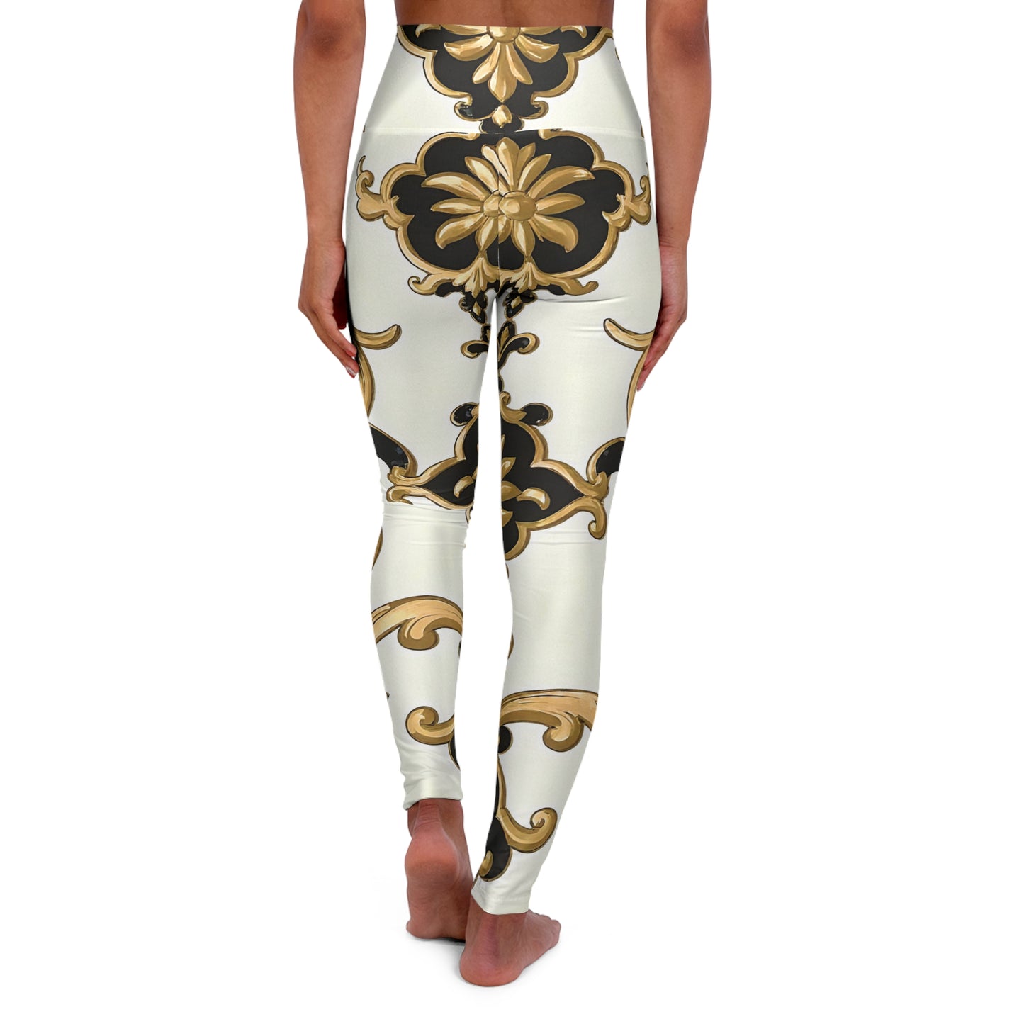 Elegant High Waisted Yoga Leggings, Stylish Workout Leggings, Fashionable Activewear, Comfortable Fitness Leggings - Black & Gold Rococo