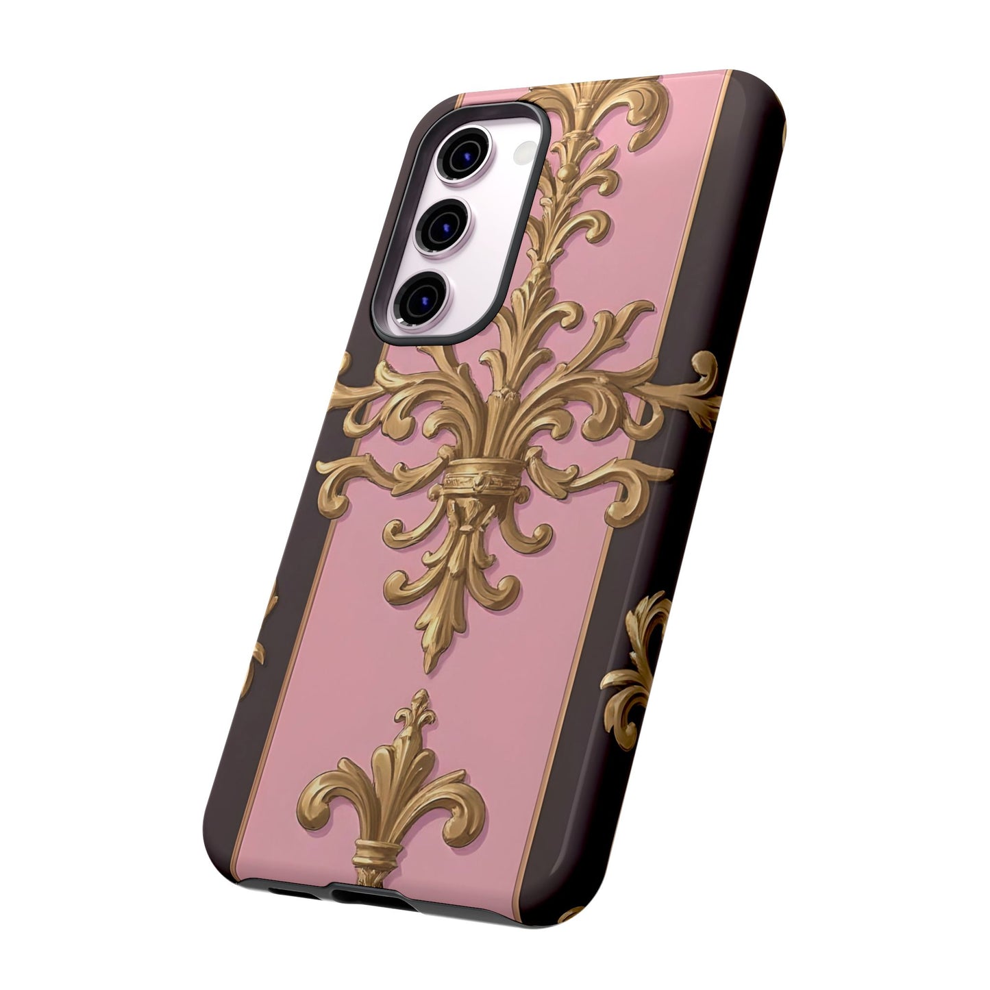 Elegant Floral Motif Phone Case - Tough Cases with Vintage Design - Pink & Brown Striped Gold Damask