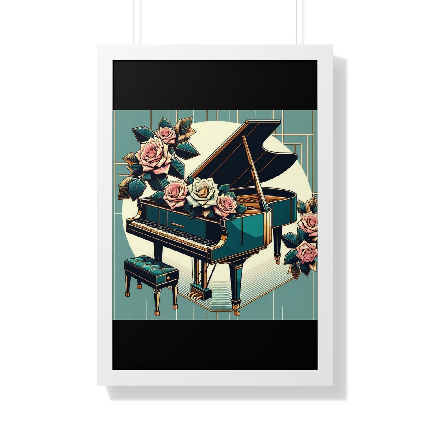 Vertical Poster - Teal Grand Piano & Roses Wall Art