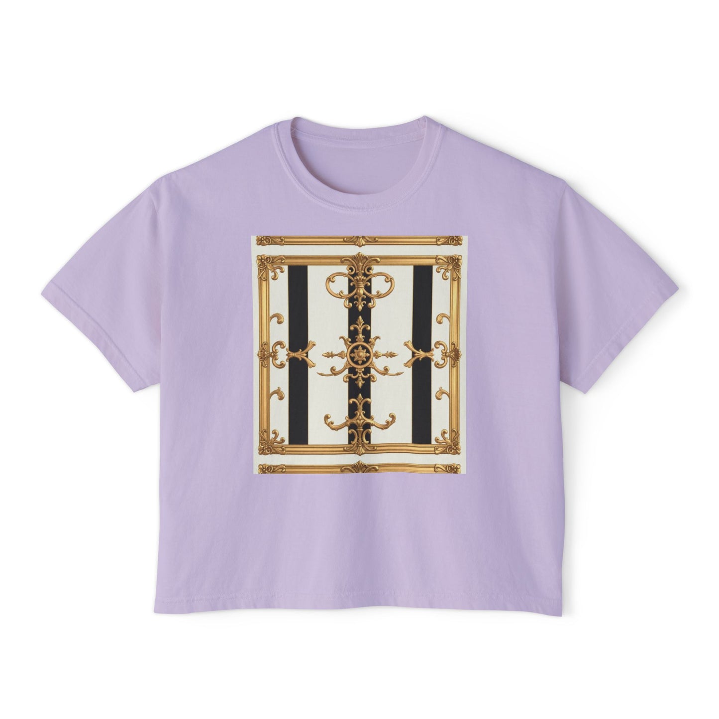Chic Women's Boxy Tee, Stylish Graphic Shirt, Trendy Casual Top, Fashionable Everyday Wear - Black & White Striped Gold Baroque
