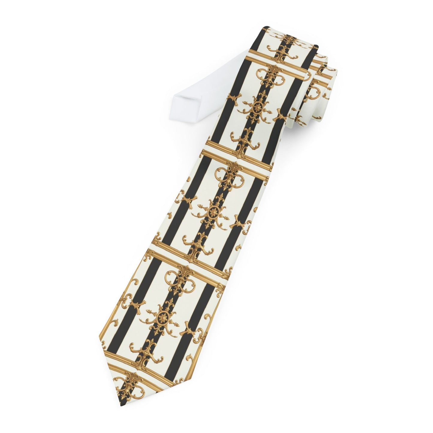 Chic Patterned Necktie for Formal Occasions, Stylish Accessory for Men, Perfect Gift for Weddings and Holidays - Black & White Striped Gold Baroque