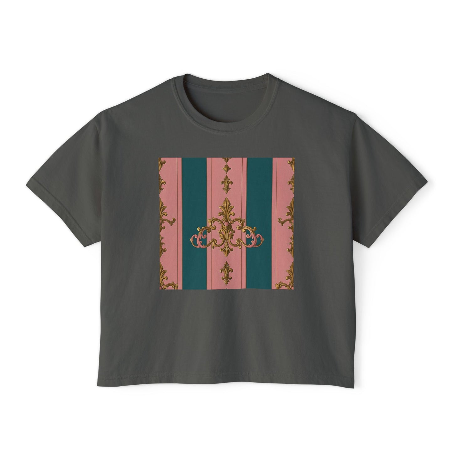 Chic Women's Boxy Tee with Elegant Floral Design, Casual Wear, Summer Fashion, Gifts for Her, Stylish Tee - Pink & Teal Striped Gold Baroque