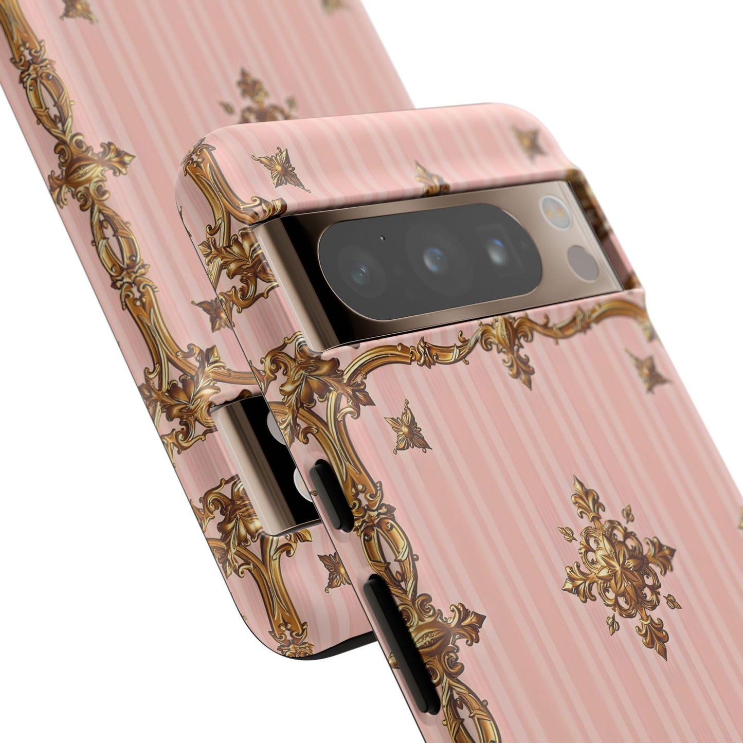 Elegant Floral Phone Case, Tough Cases for Women, Trendy Phone Cover, Chic Gift - Pink Striped Gold Baroque