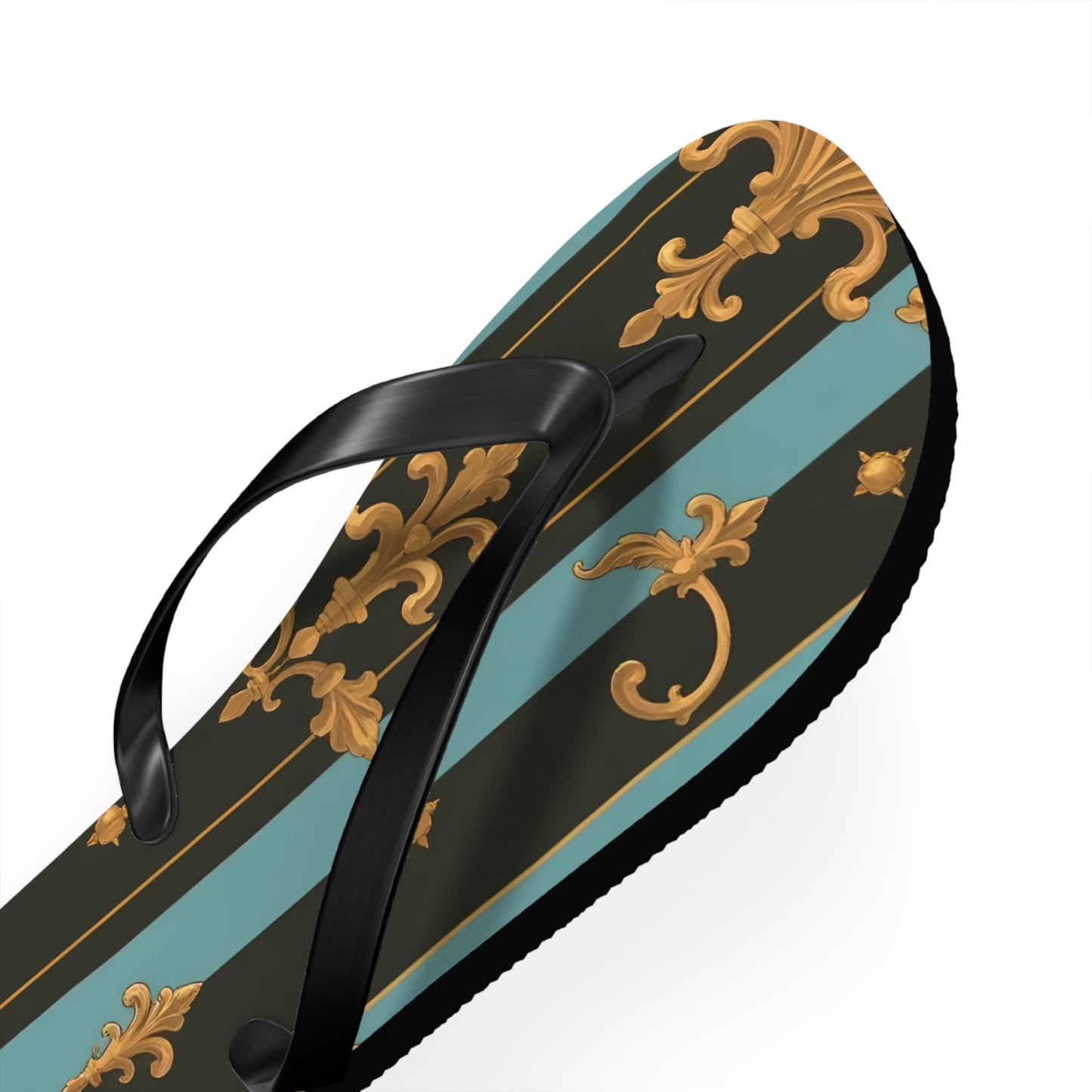 Elegant Striped Flip Flops, Stylish Beach Sandals, Summer Footwear, Vacation Essentials - Black & Turquoise Striped Baroque