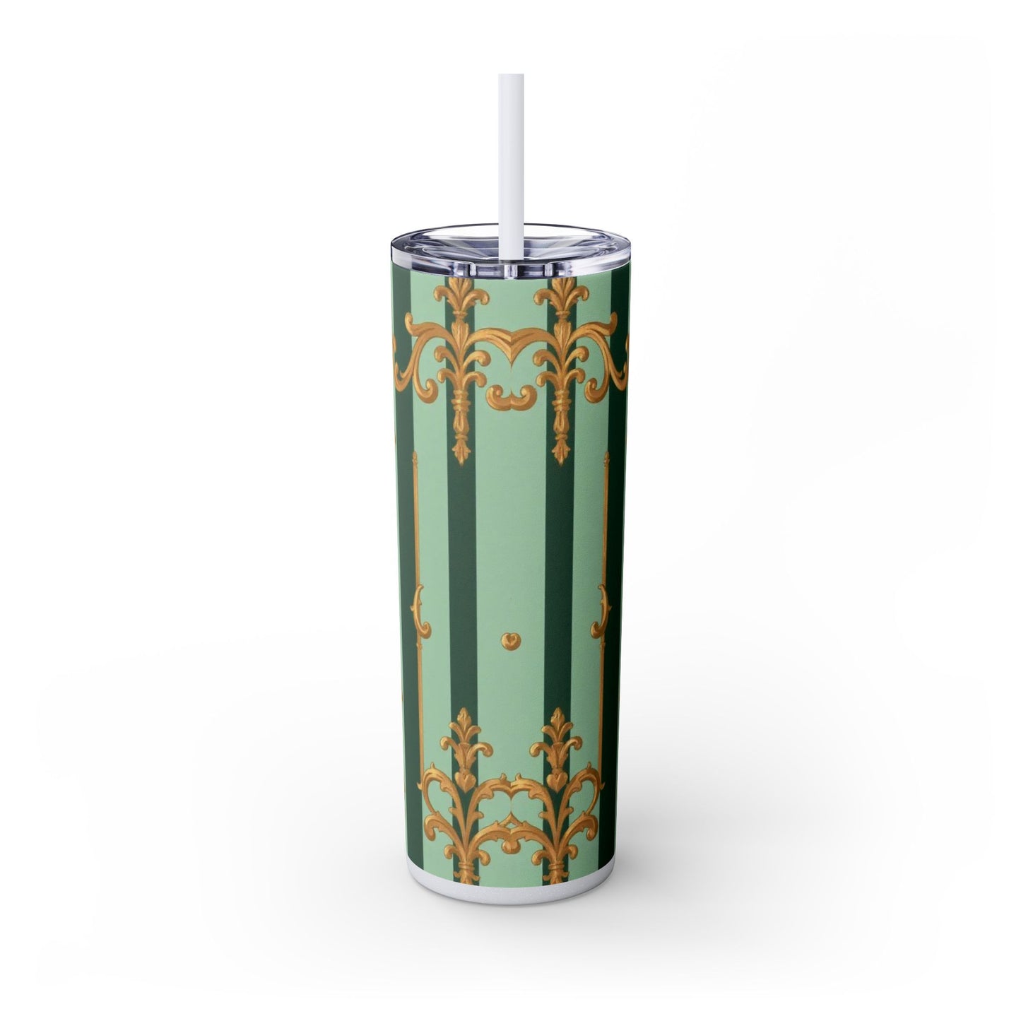 Elegant Floral Skinny Tumbler with Straw, 20oz – Stylish Travel Mug, Eco-Friendly Reusable Cup - Mint Green & Teal Striped Gold Baroque