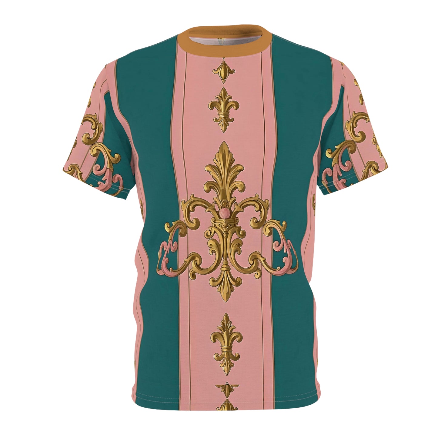 Chic Vintage AOP Tee, Stylish Unisex Cut & Sew T-Shirt, Fashionable Statement Tee - Pink & Teal Striped Gold Baroque