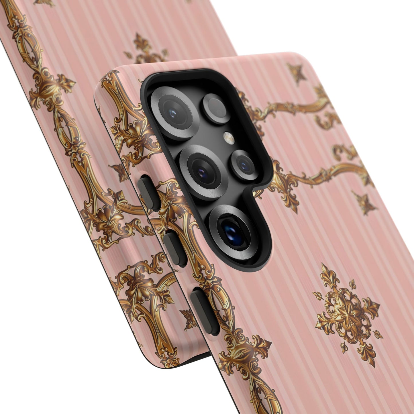 Elegant Floral Phone Case, Tough Cases for Women, Trendy Phone Cover, Chic Gift - Pink Striped Gold Baroque