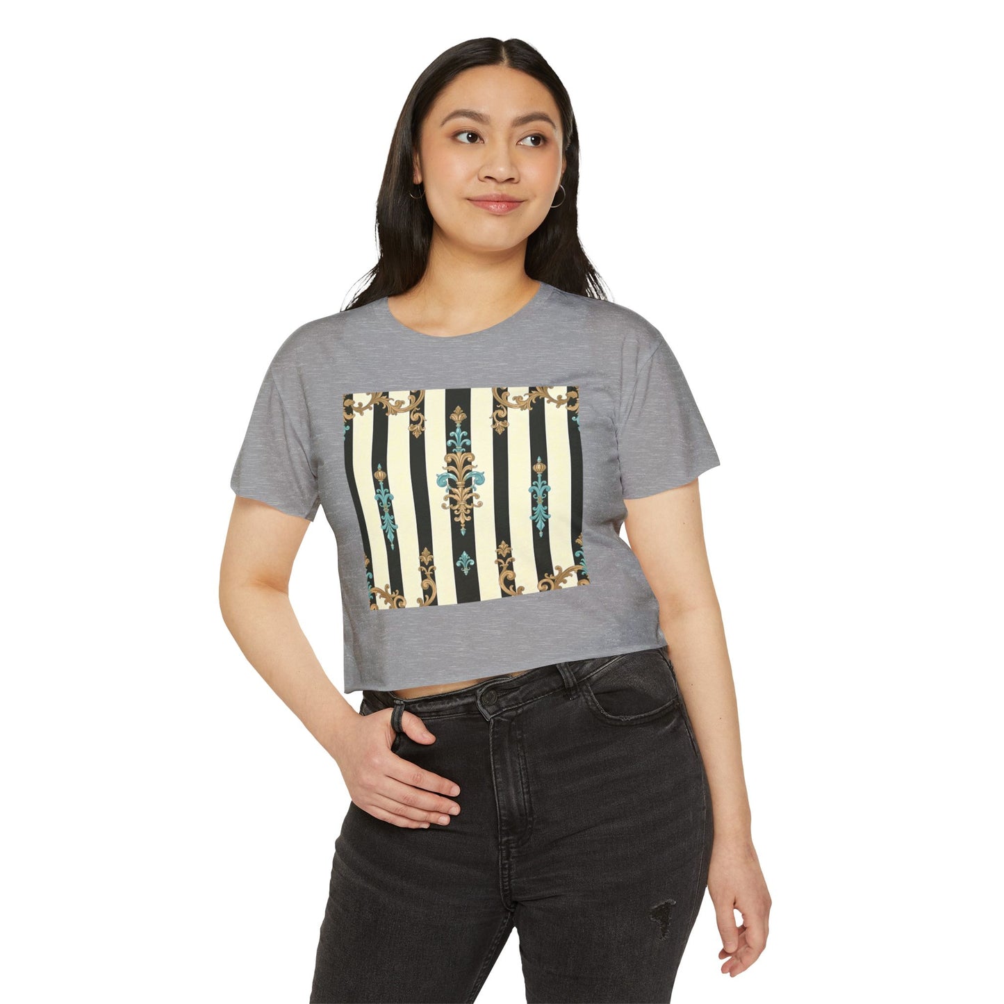 Bohemian Festival Crop Top, Stylish Summer Tee, Casual Day Out Shirt, Trendy Women’s Apparel - Black Striped Turquoise & Black Rococo