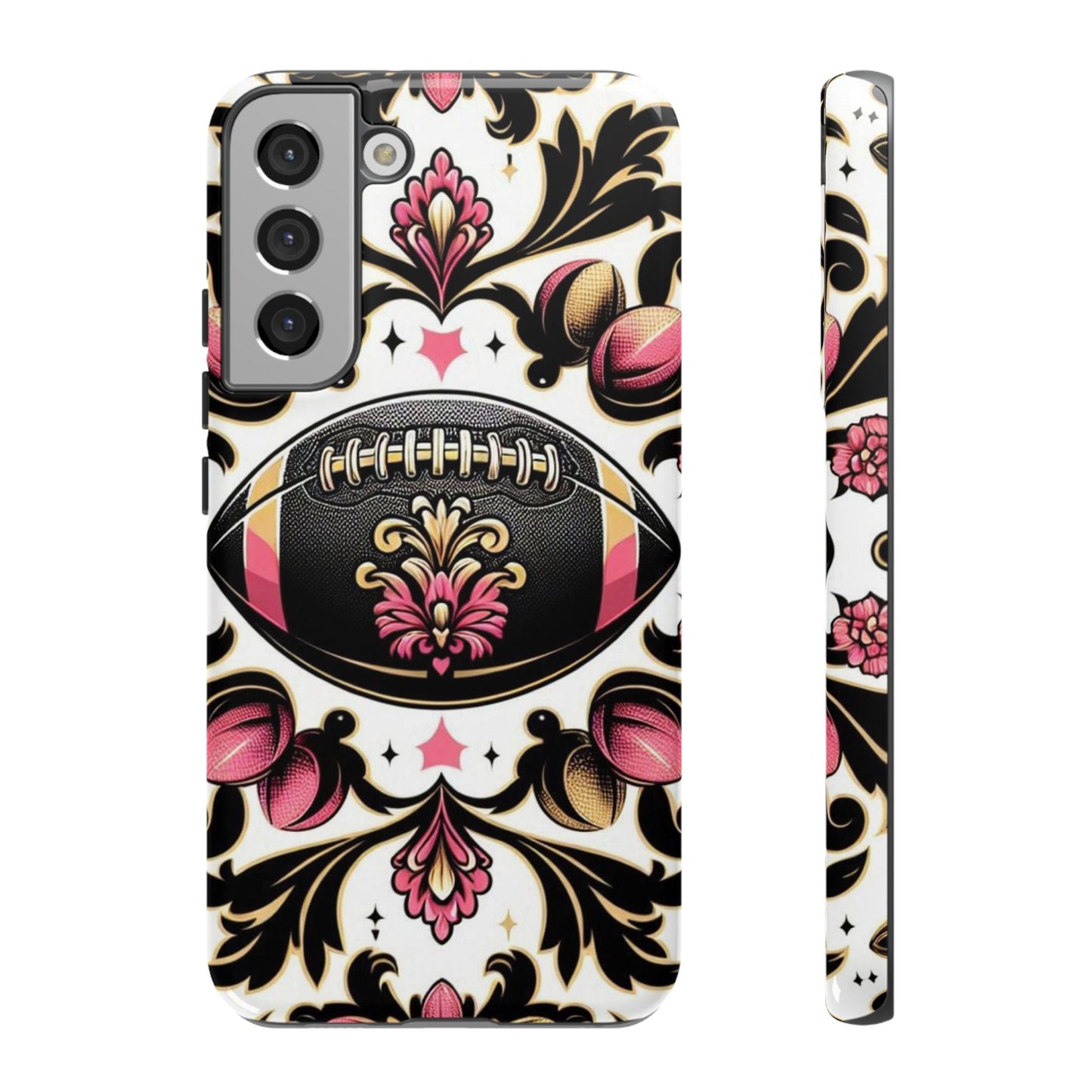 Elegant Floral Motif Phone Case - Tough Cases with Vintage Design - Damask White, Pink Gold & Black Football