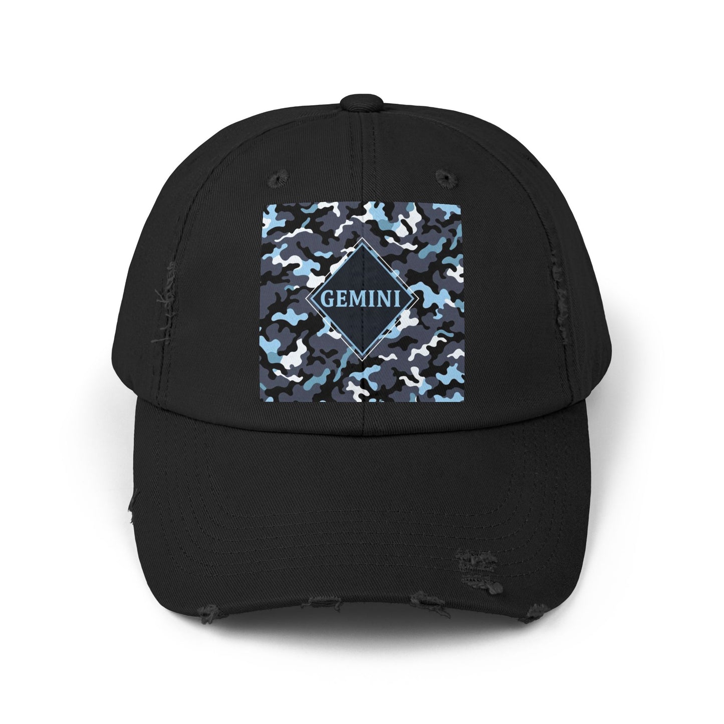 Gemini Distressed Cap - Unisex Camo Design - Black, Grey & Ice Blue