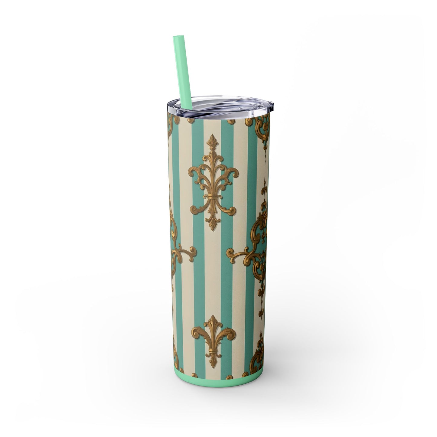 Elegant Vintage Skinny Tumbler with Straw, 20oz, Stylish Drinkware, Perfect Gift for Home, Coffee Lovers - Matte Green Striped Rococo