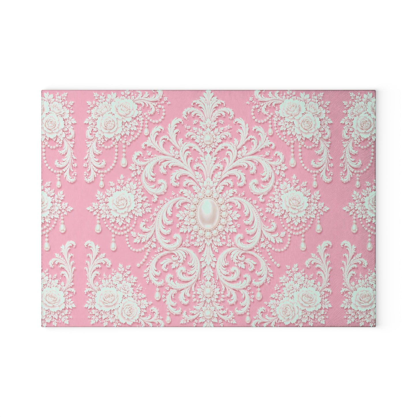 Pink Rococo Glass Cutting Board – Elegant Floral Pattern Kitchen Board