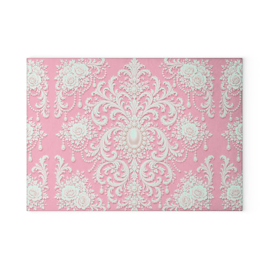 Pink Rococo Glass Cutting Board – Elegant Floral Pattern Kitchen Board