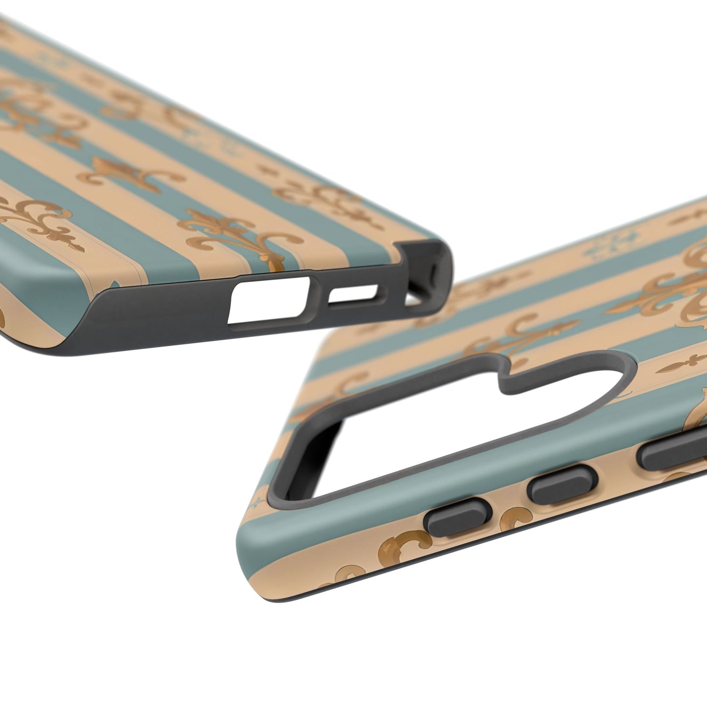 Elegant Floral Motif Phone Case - Tough Cases with Vintage Design -  Beige & Sky Blue Striped Gold Damask