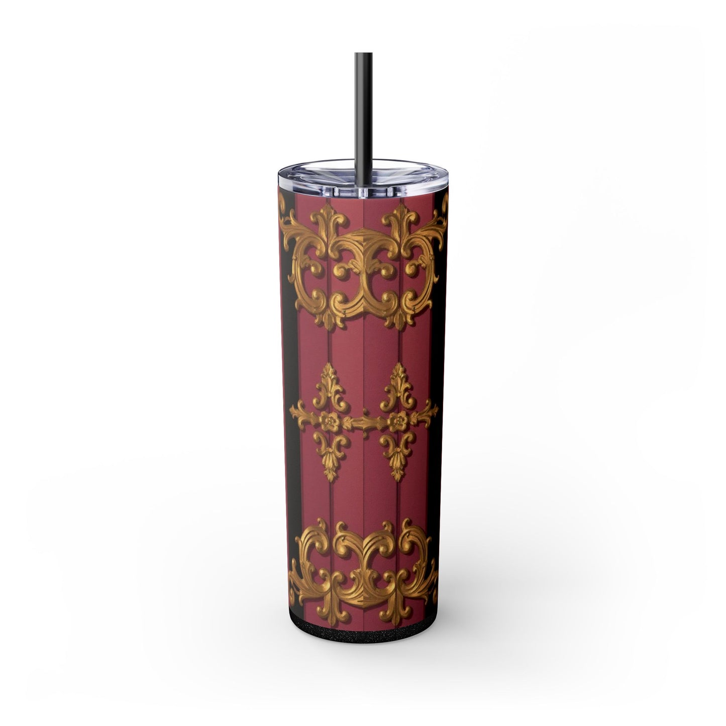 Elegant Black & Mauve Striped Gold Baroque Striped Skinny Tumbler with Straw, 20oz | Vintage Gold Accent Drinkware, Wedding Gift, Party Favor, Travel Mug