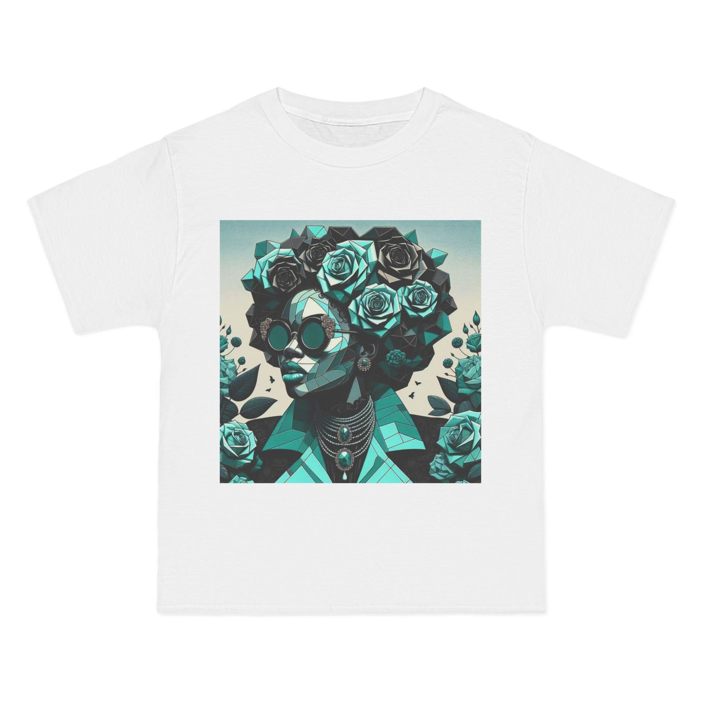 Trendy Floral Graphic Tee | Artistic Short-Sleeve Shirt, Fashionable Summer Top, Chic Gift for Her - Turquoise & Black Roses Lady