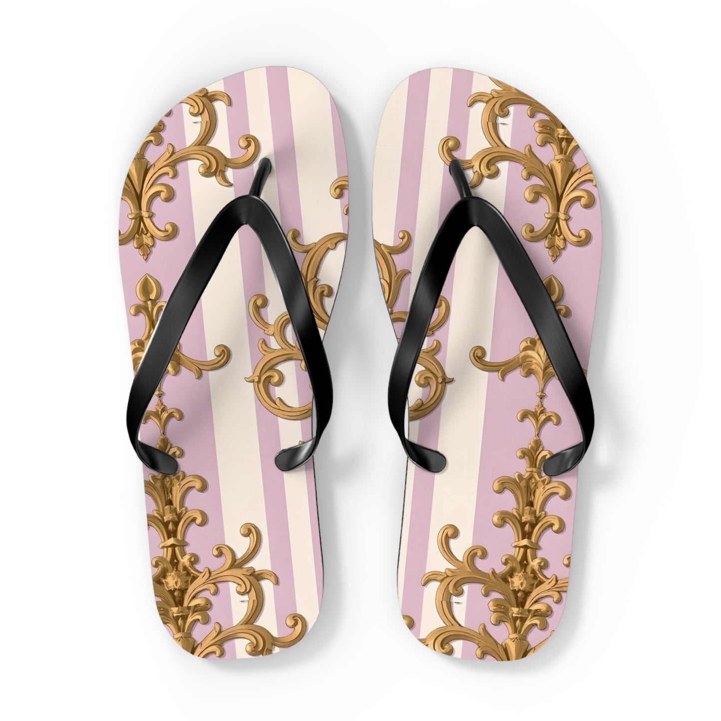 Chic Patterned Flip Flops for Stylish Summer Vibes, Beach Footwear, Vacation Sandals - Lilac & Alabaster Striped Gold Baroque