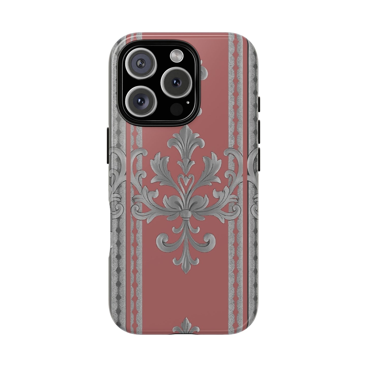 Elegant Floral Phone Case - Tough Cases for Stylish Protection - Gray & Mauve Striped Baroque