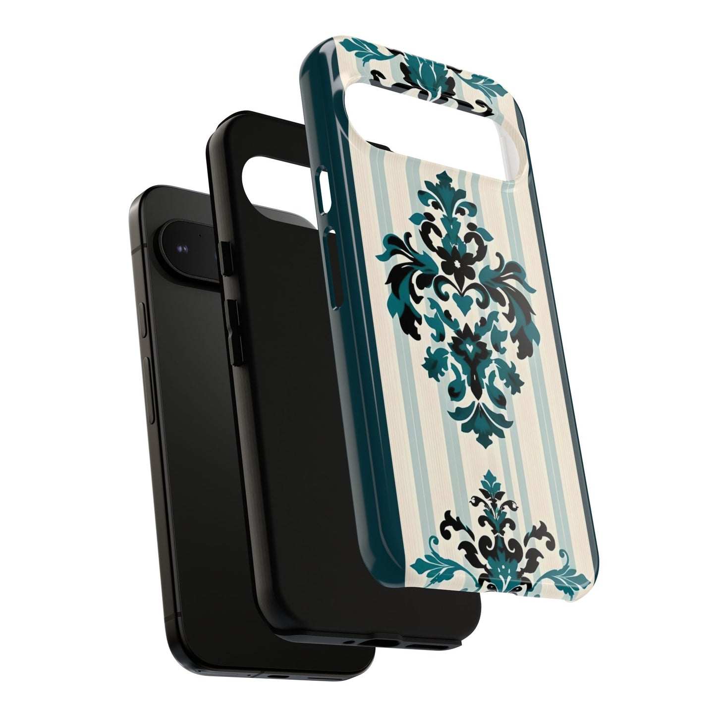 Elegant Floral Phone Case - Tough Cases with Vintage Design - Teal Striped Damask