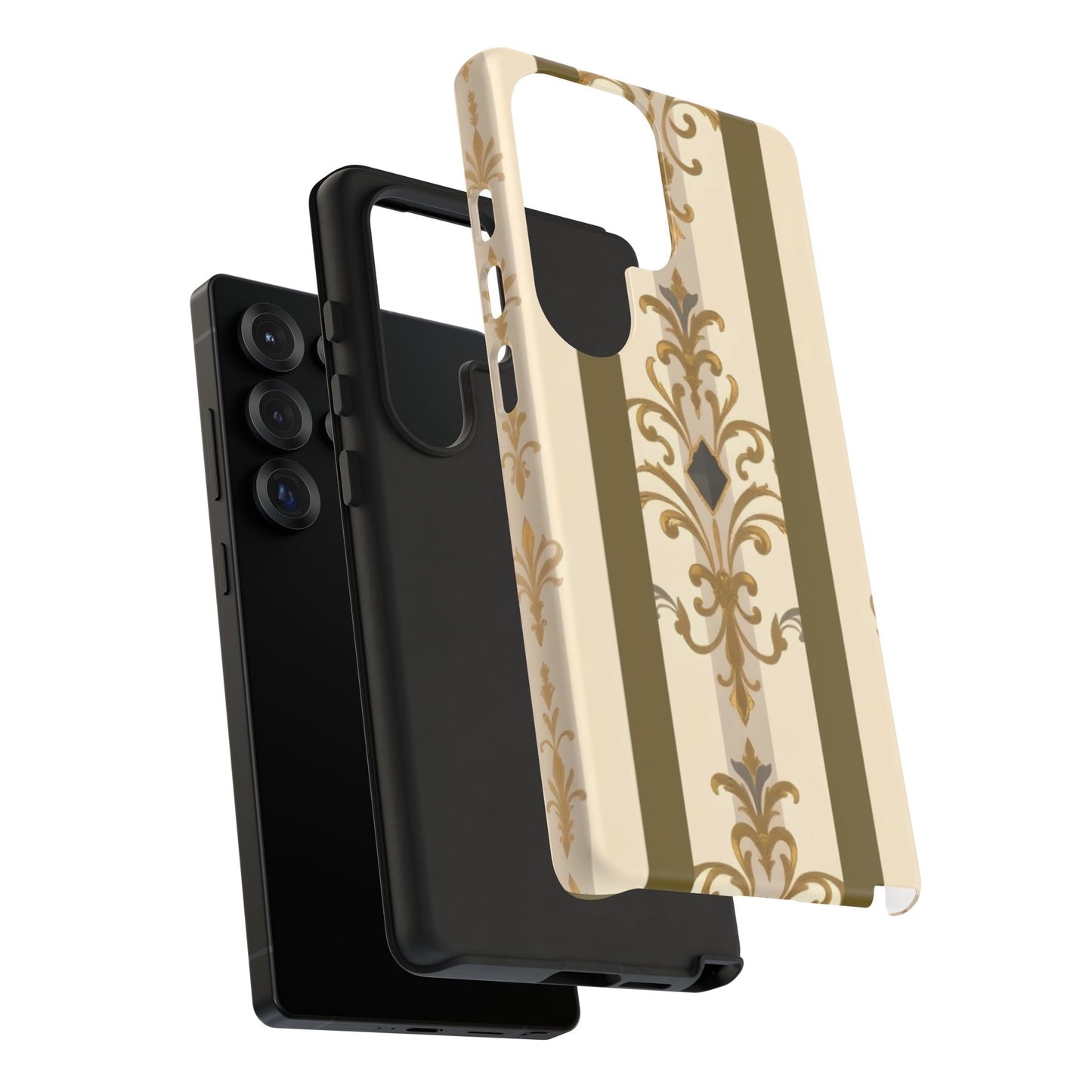 Elegant Floral Motif Phone Case - Tough Cases with Vintage Design - Olive Striped Gold Damask