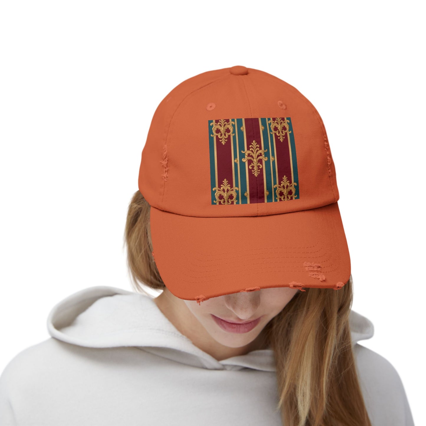 Stylish Unisex Distressed Cap with Vintage Striped Design, Casual Wear, Outdoor Activities, Gift for Him/Her - Burgundy Striped Gold Baroque