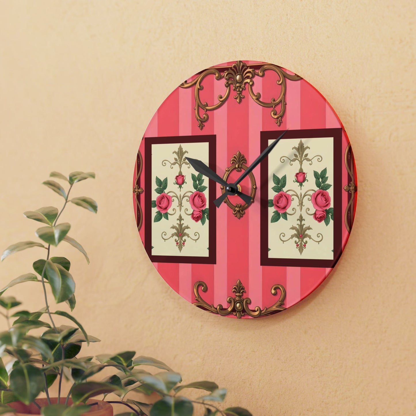 Vintage-Inspired Acrylic Wall Clock with Floral Design - Pink Striped Baroque & Roses