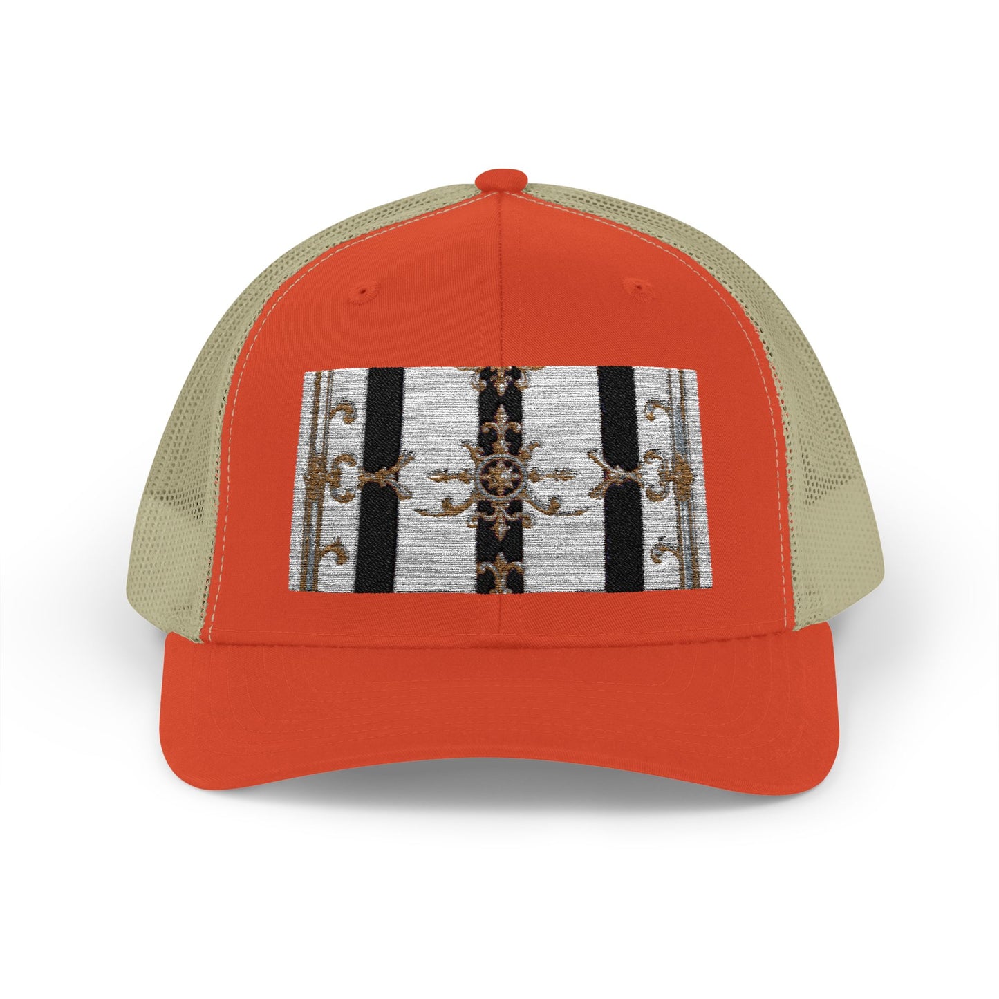 Trendy Snapback Trucker Cap, Casual Fashion Hat, Summer Accessory, Gift Idea for Cool Teens, Outdoor Activities - Black & White Striped Gold Baroque